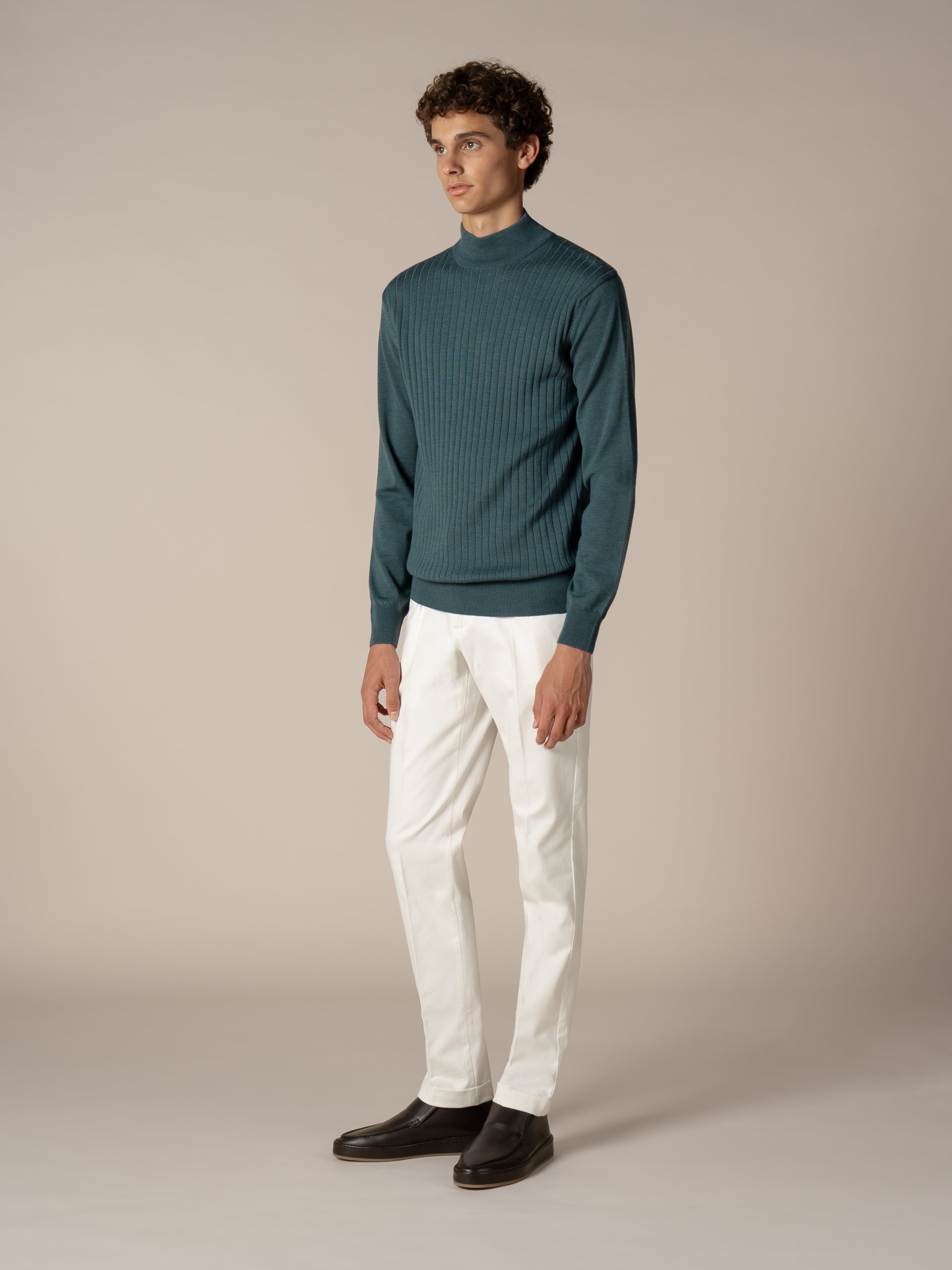 Extrafine Merino Mockneck Ribbed Dark Aquamarine
