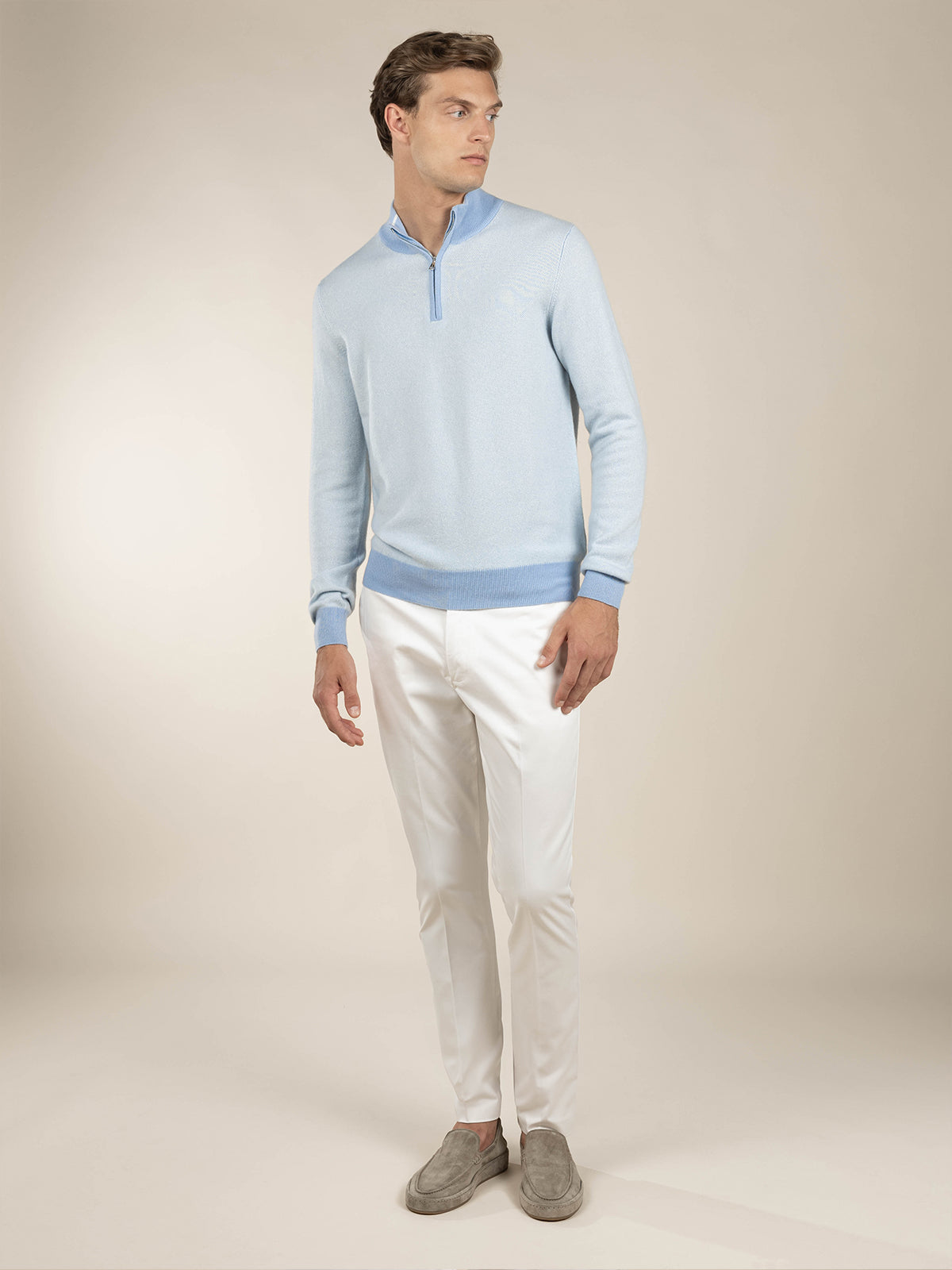 Light Blue Jaquard Zipper Sweater