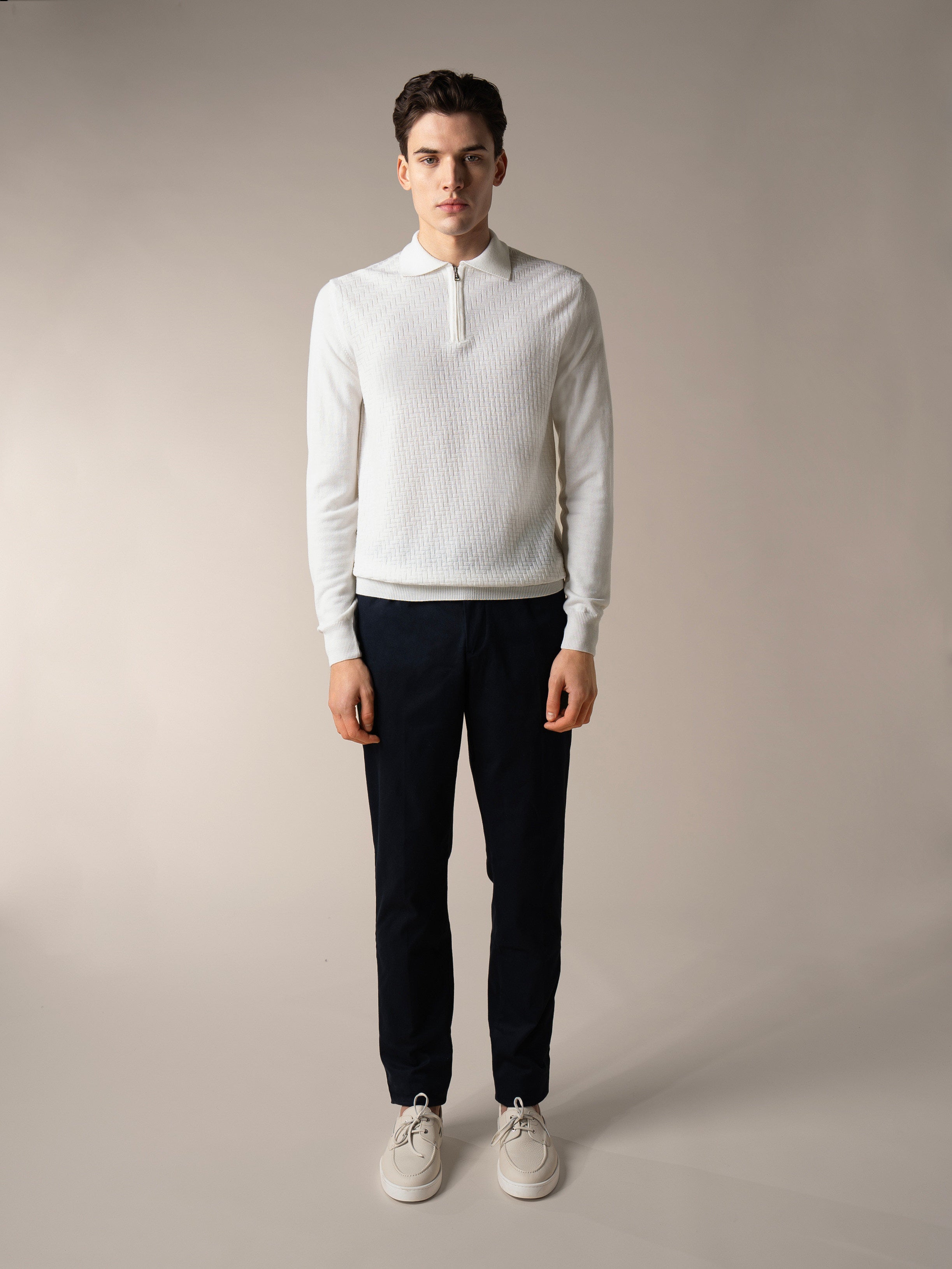 Ivory Zipper Polo Basket Weave