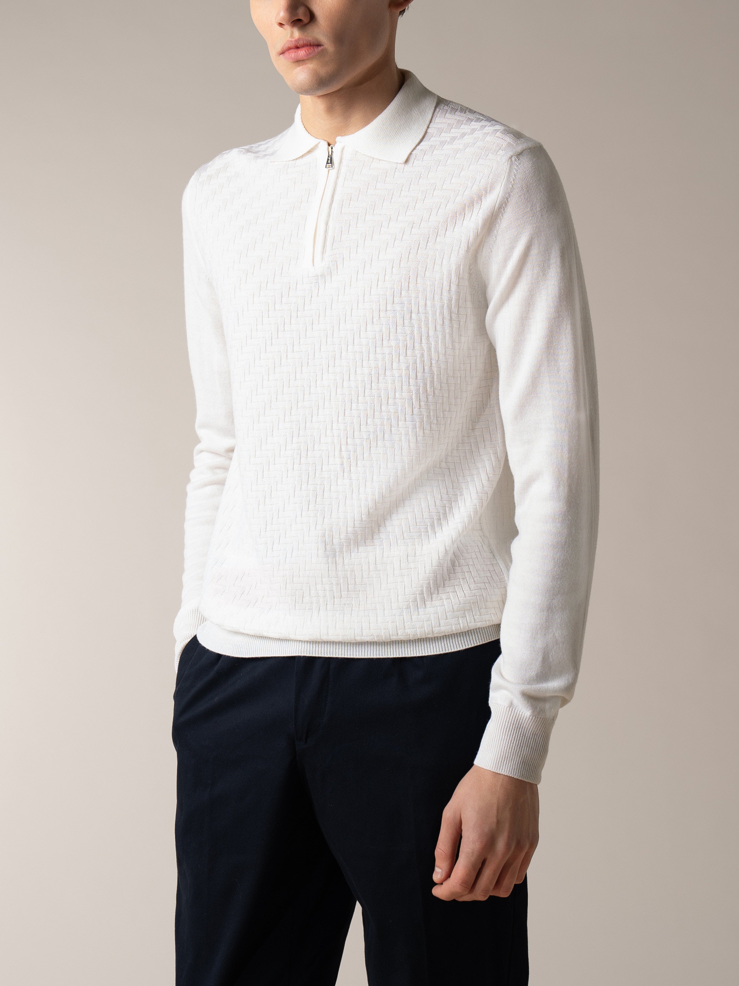 Ivory Zipper Polo Basket Weave