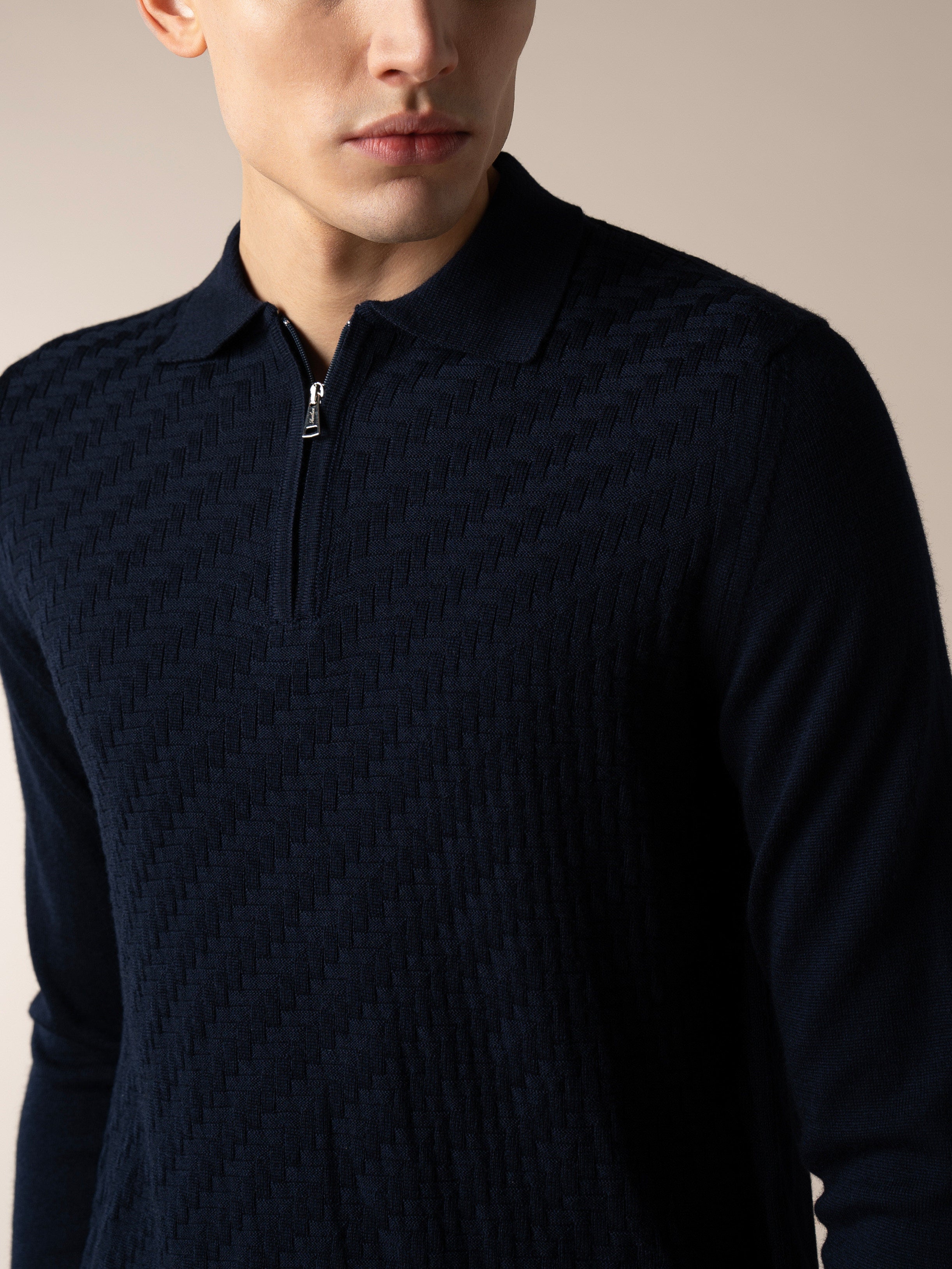 Navy Zipper Polo Basket Weave