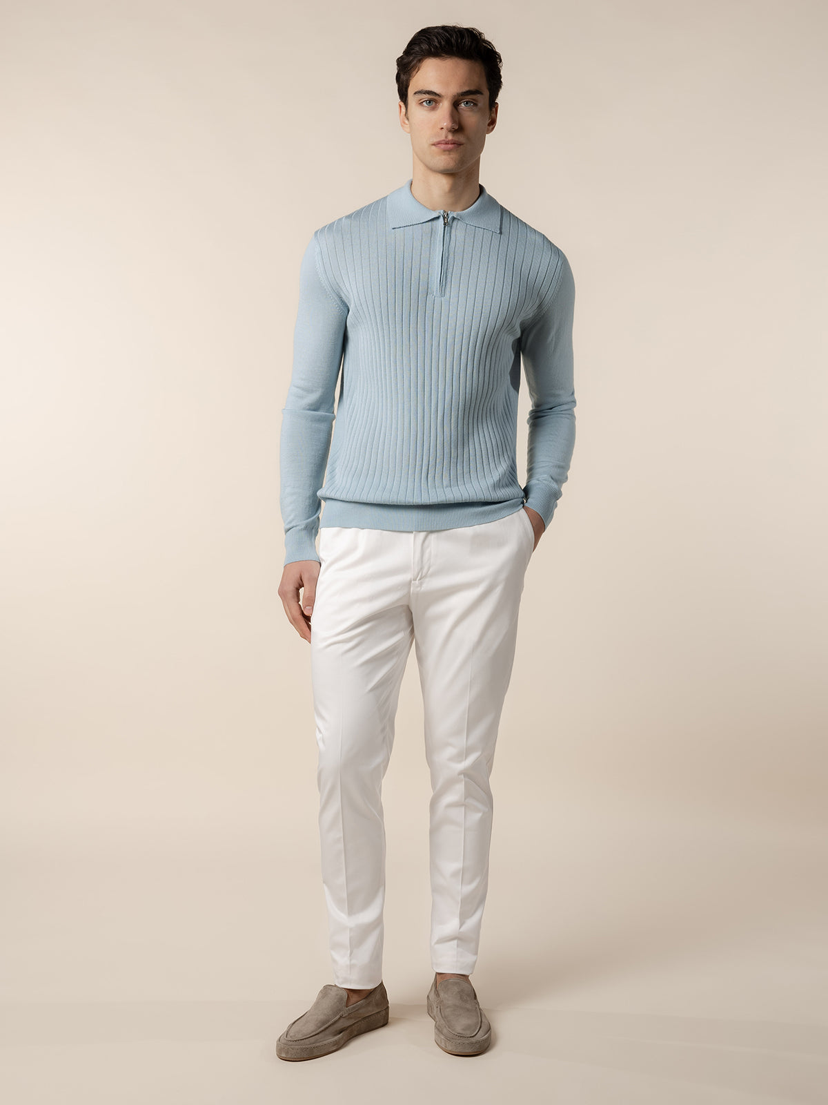 Ribbed Zipper Polo Cool Blue