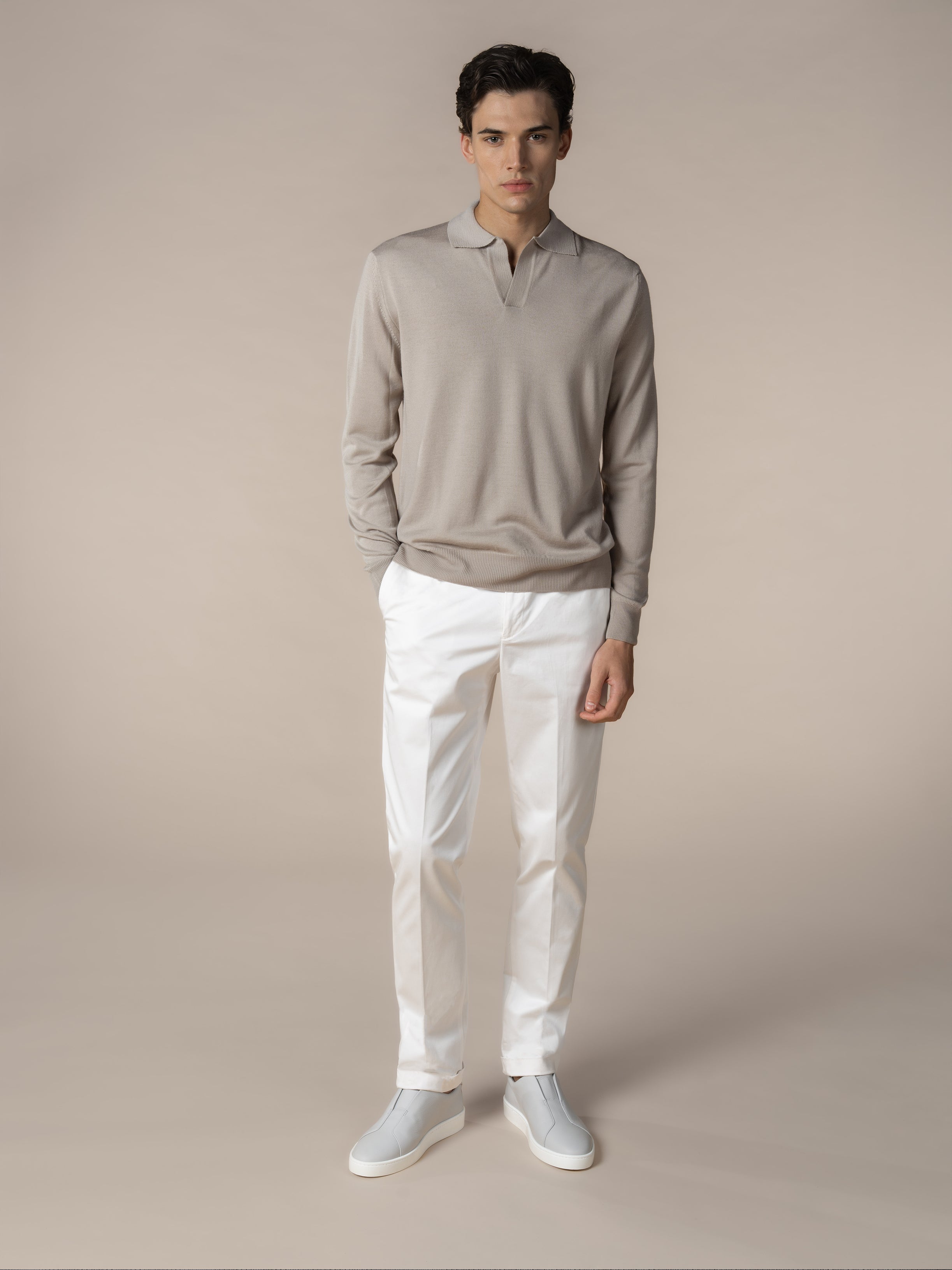 Extrafine Merino Buttonless Polo Greige