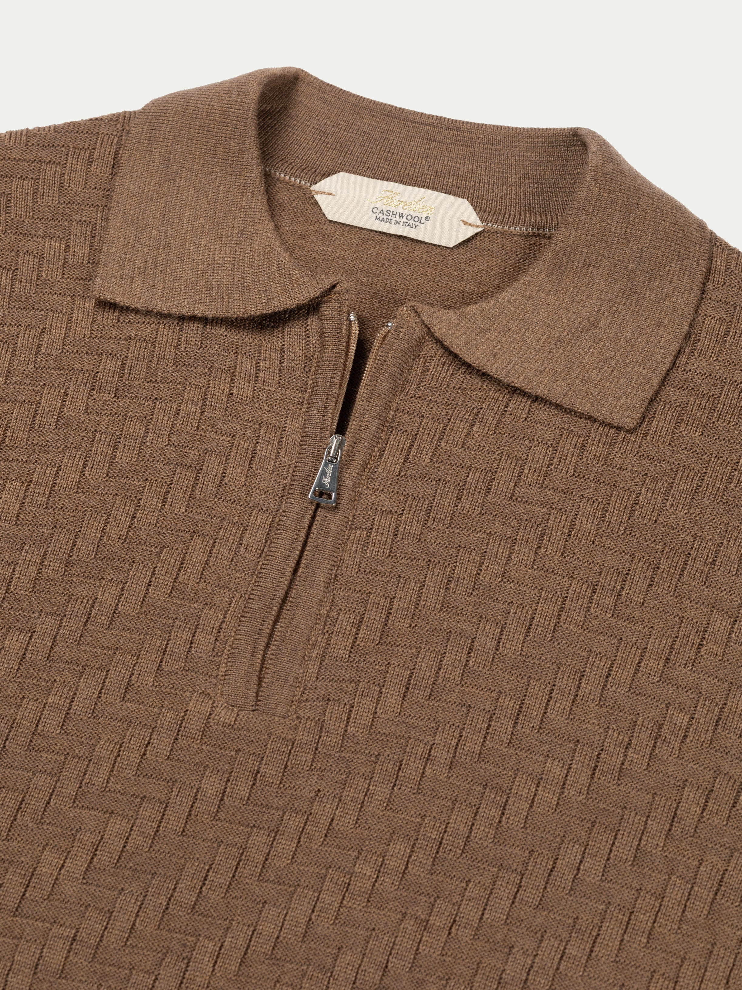 Brown Zipper Polo Basket Weave