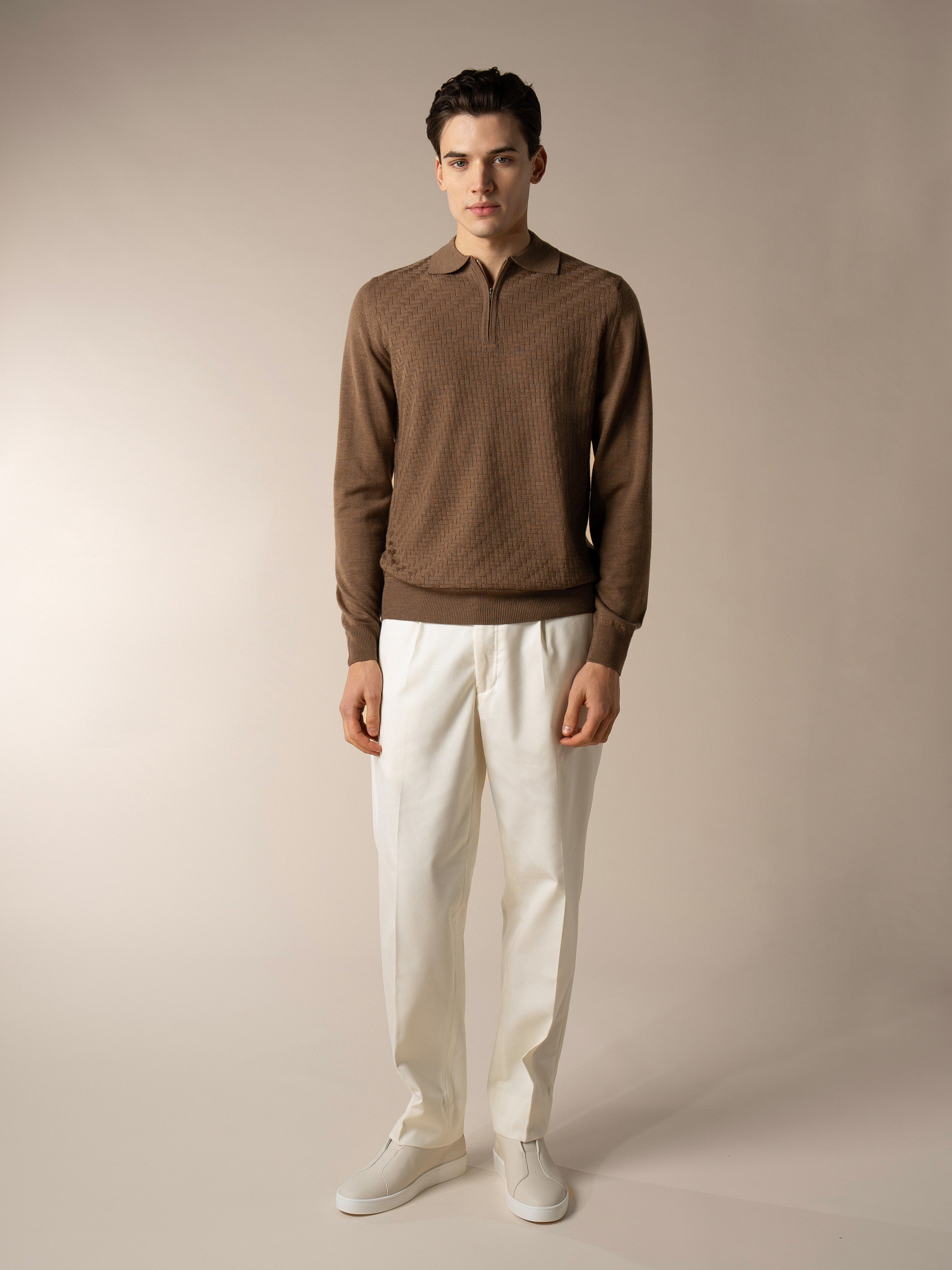 Brown Zipper Polo Basket Weave