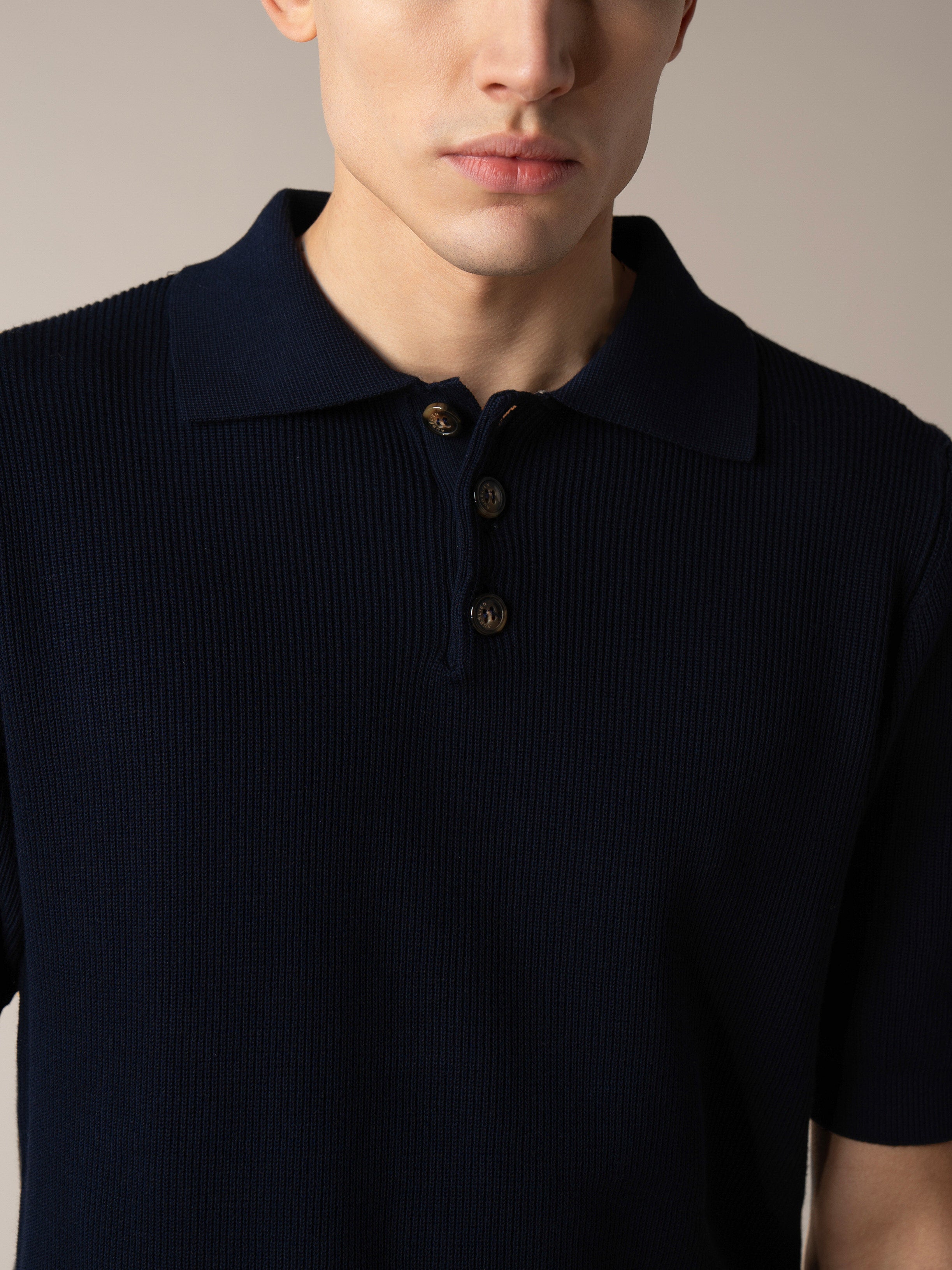 Shortsleeve Ribbed Knitted Polo Navy