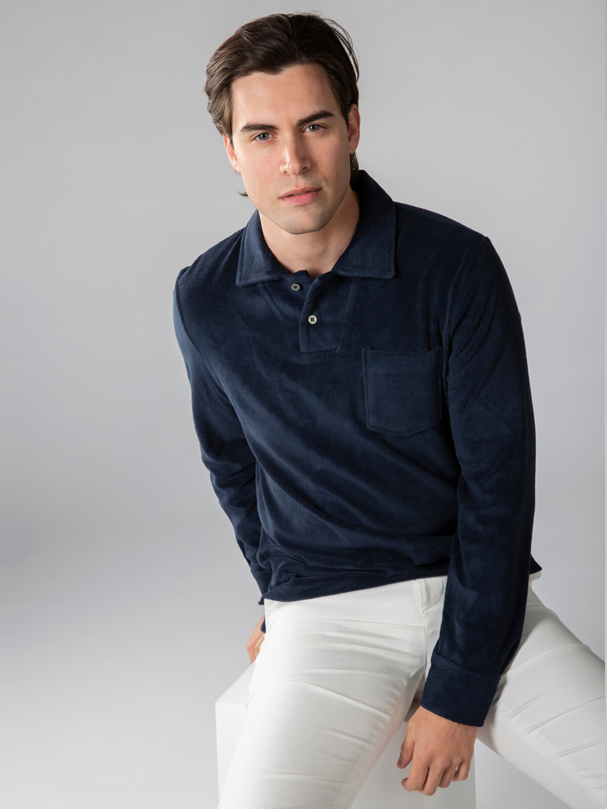 Frottee-Langarm-Poloshirt Navy