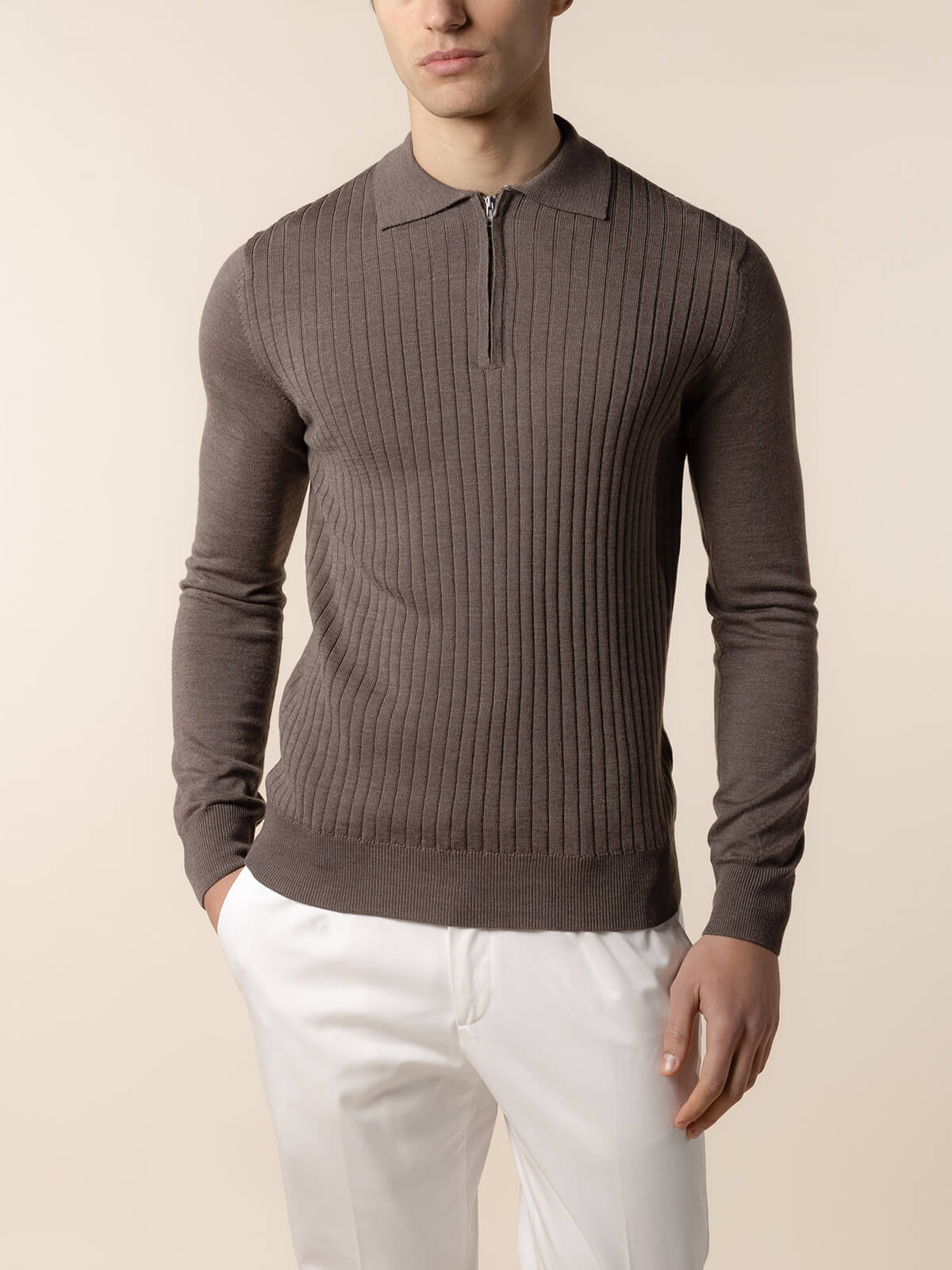 Ribbed Zipper Polo Ash Grey