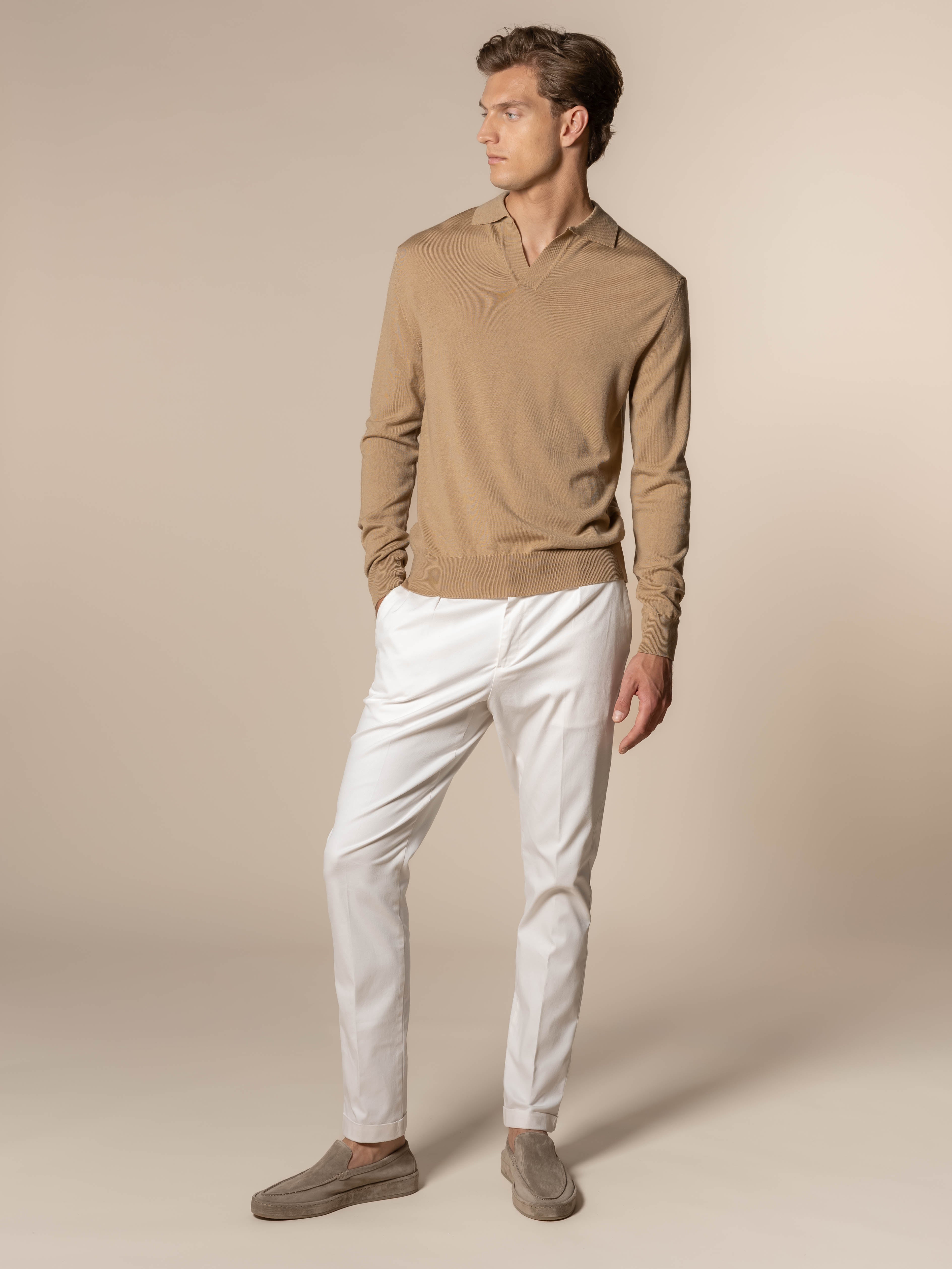 Extrafine Merino Buttonless Polo Beige