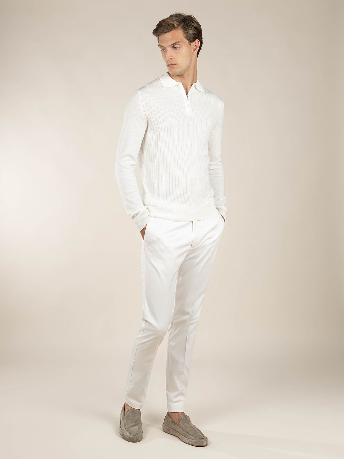 Ribbed Zipper Polo Ivory