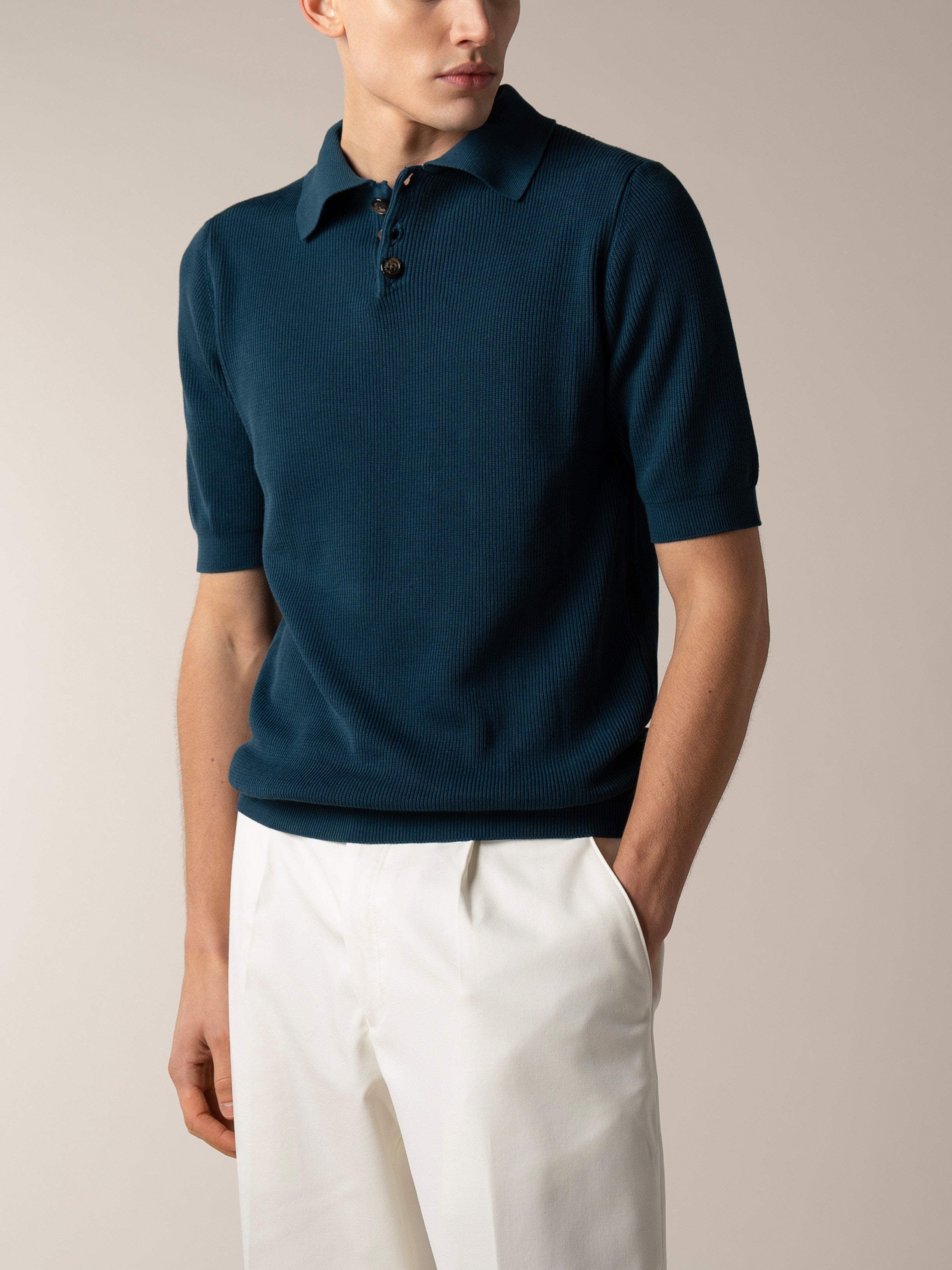Shortsleeve Ribbed Knitted Polo Sea Green