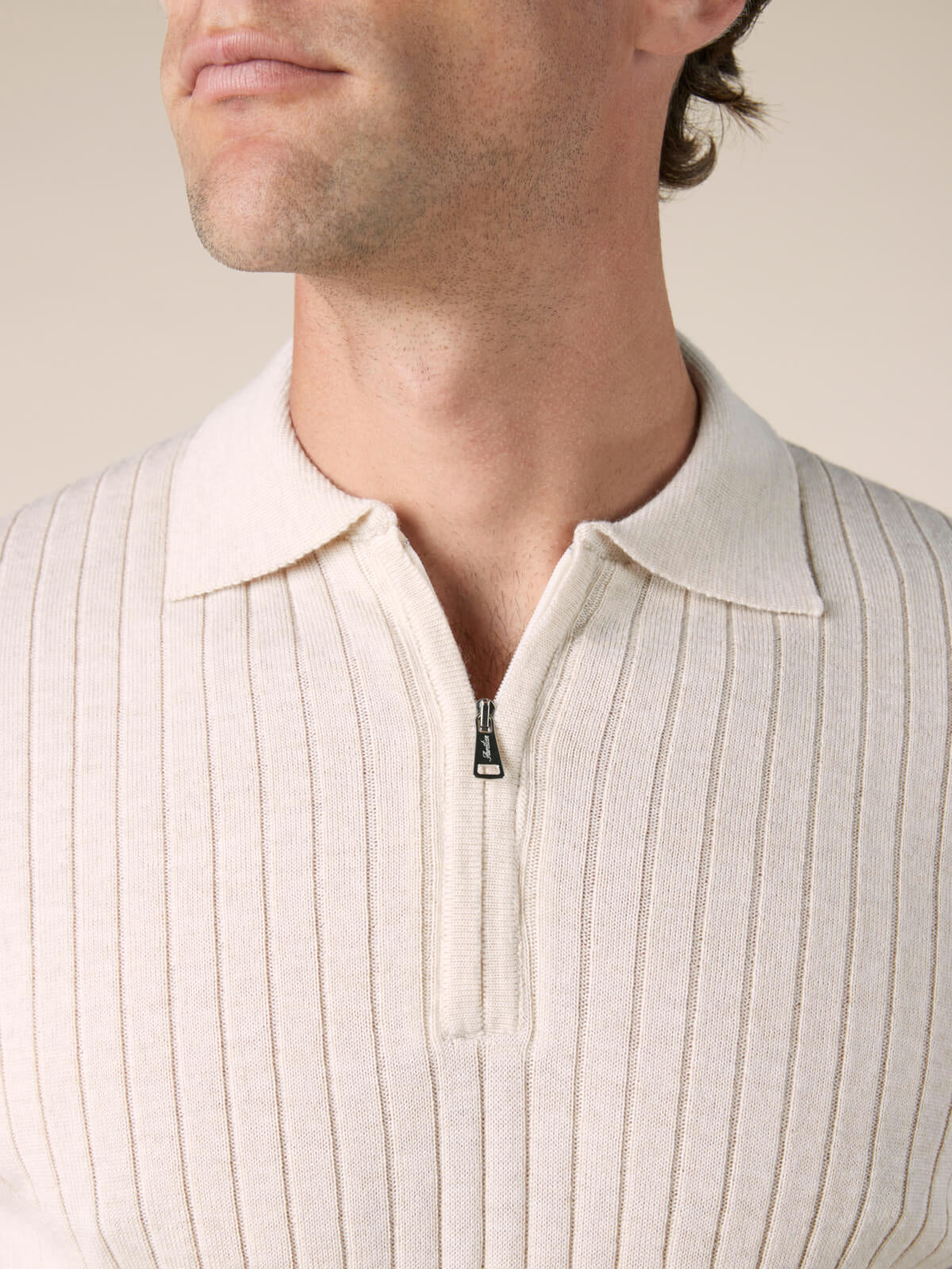 Ribbed Zipper Polo Light Beige