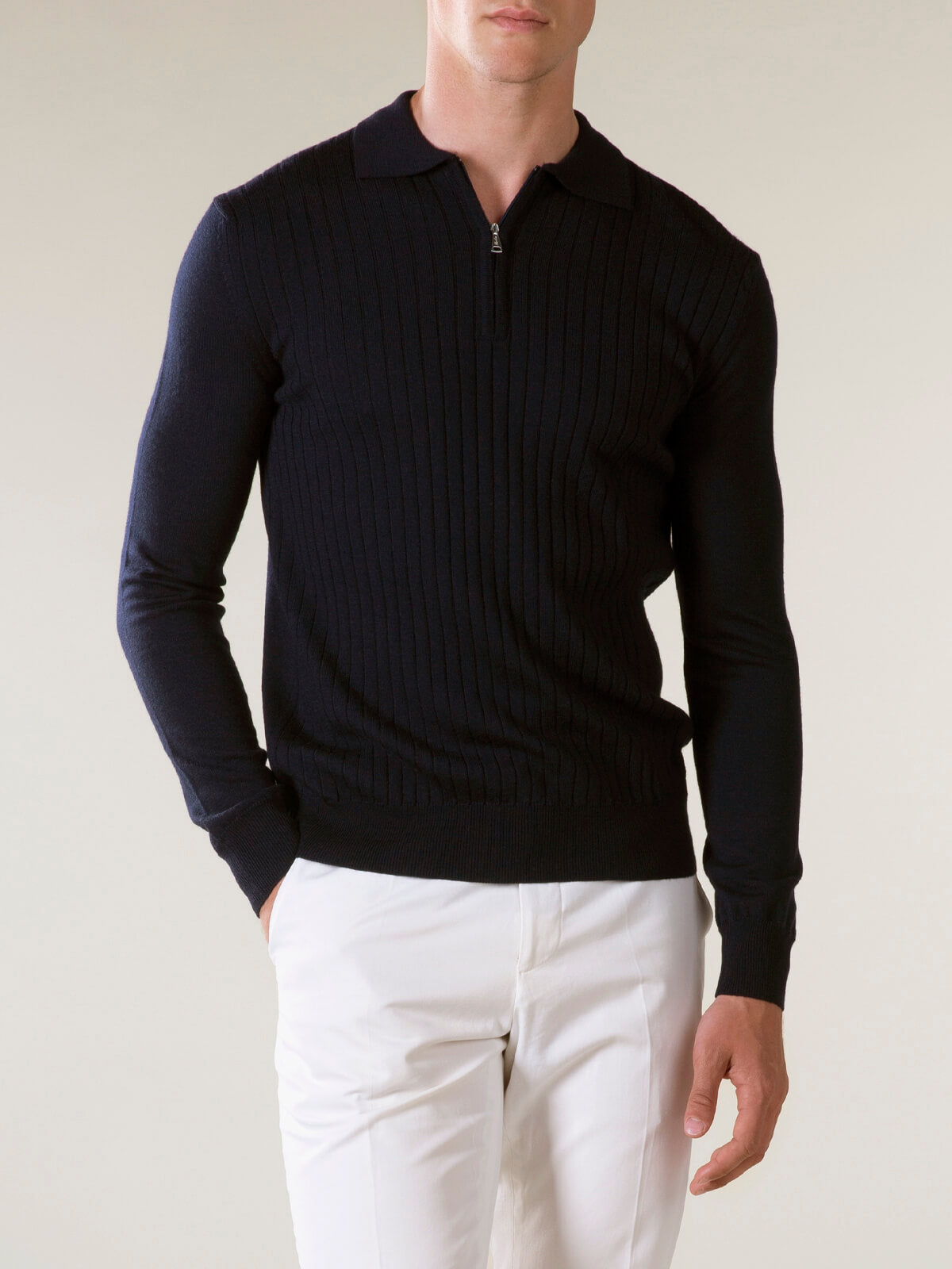 Ribbed Zipper Polo Navy