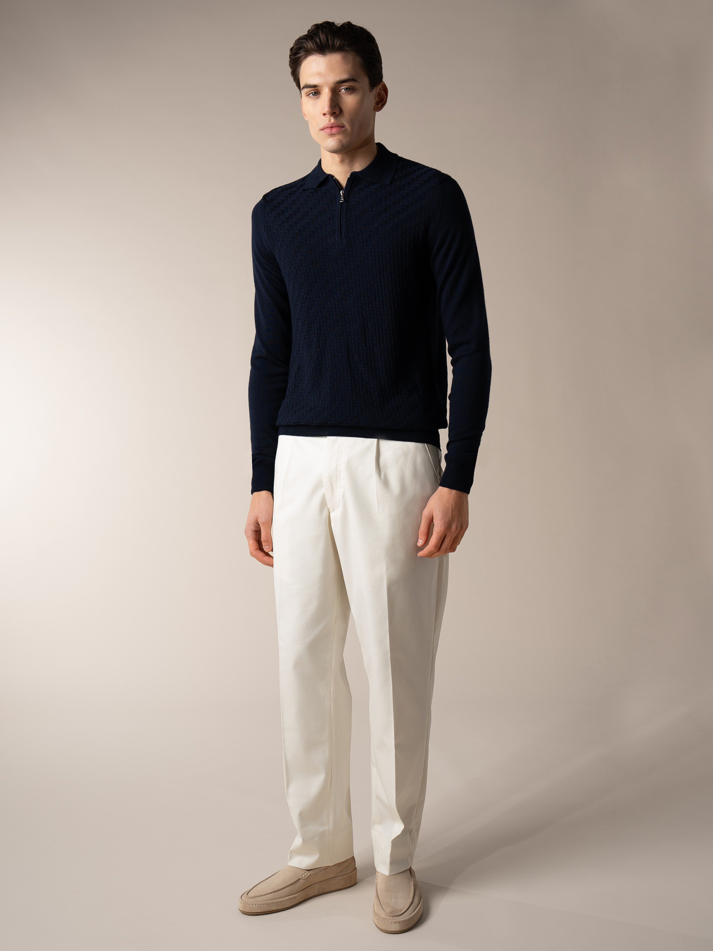 Navy Zipper Polo Basket Weave