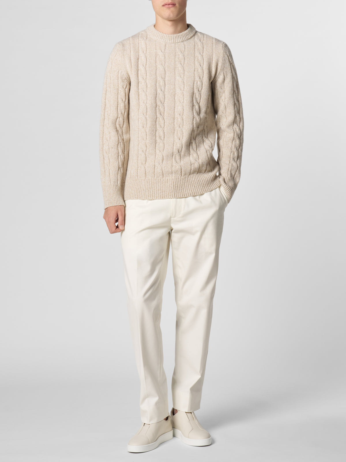 Beige Mouline Cable Knit Crewneck