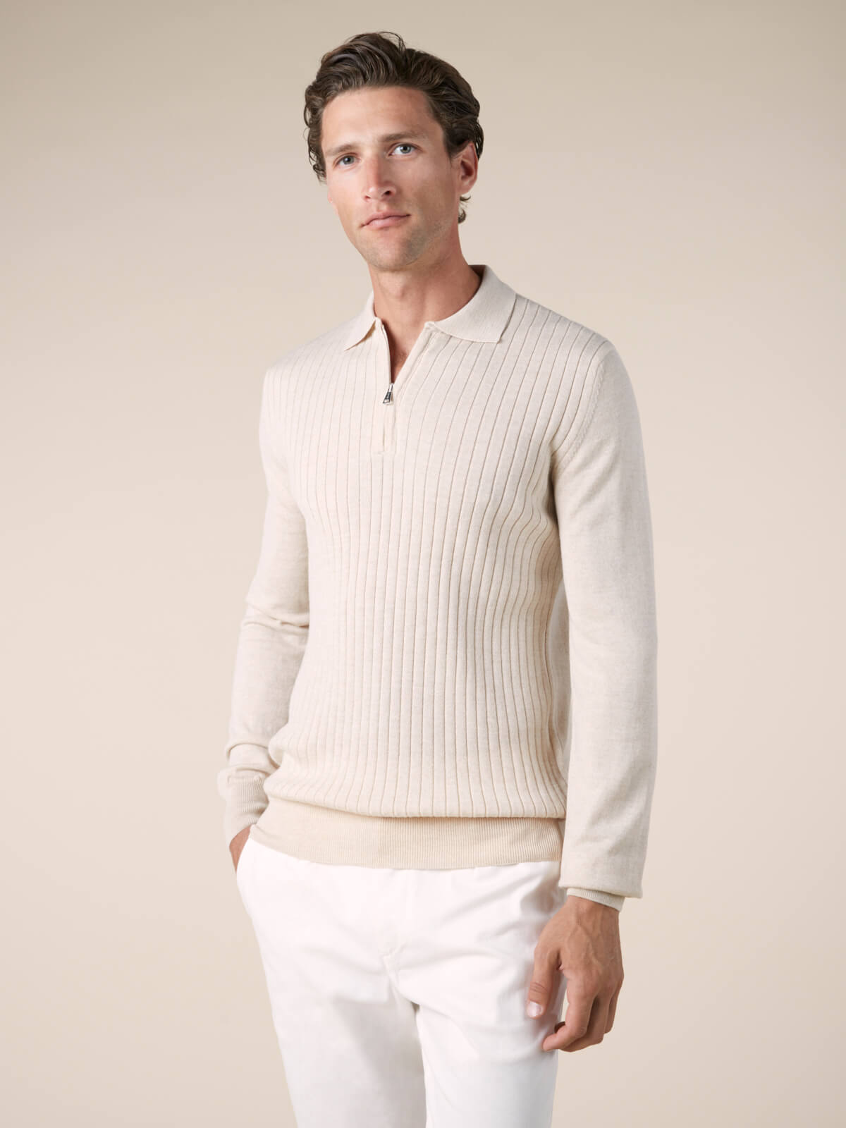 Ribbed Zipper Polo Light Beige