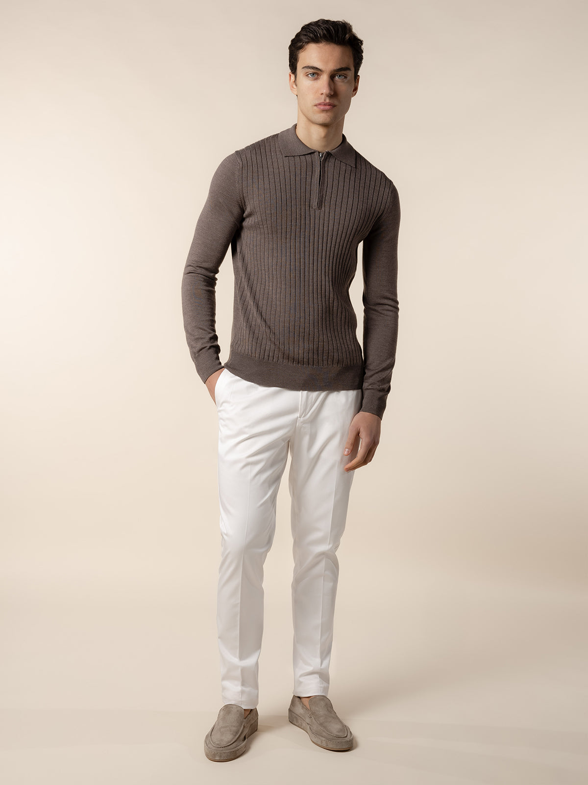 Ribbed Zipper Polo Ash Grey