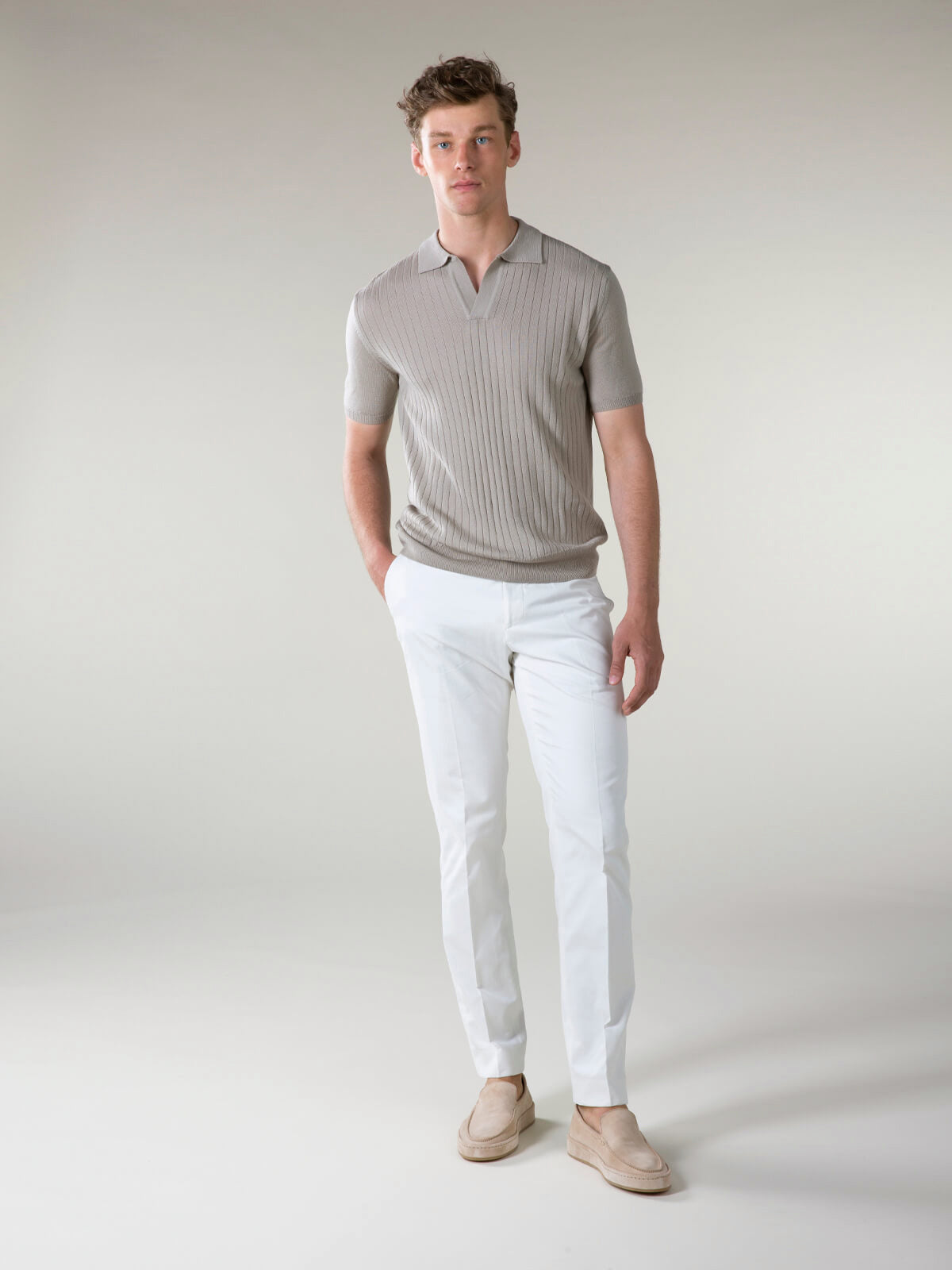 Aurélien | Cashwool Shortsleeve Buttonless Ribbed Polo Taupe