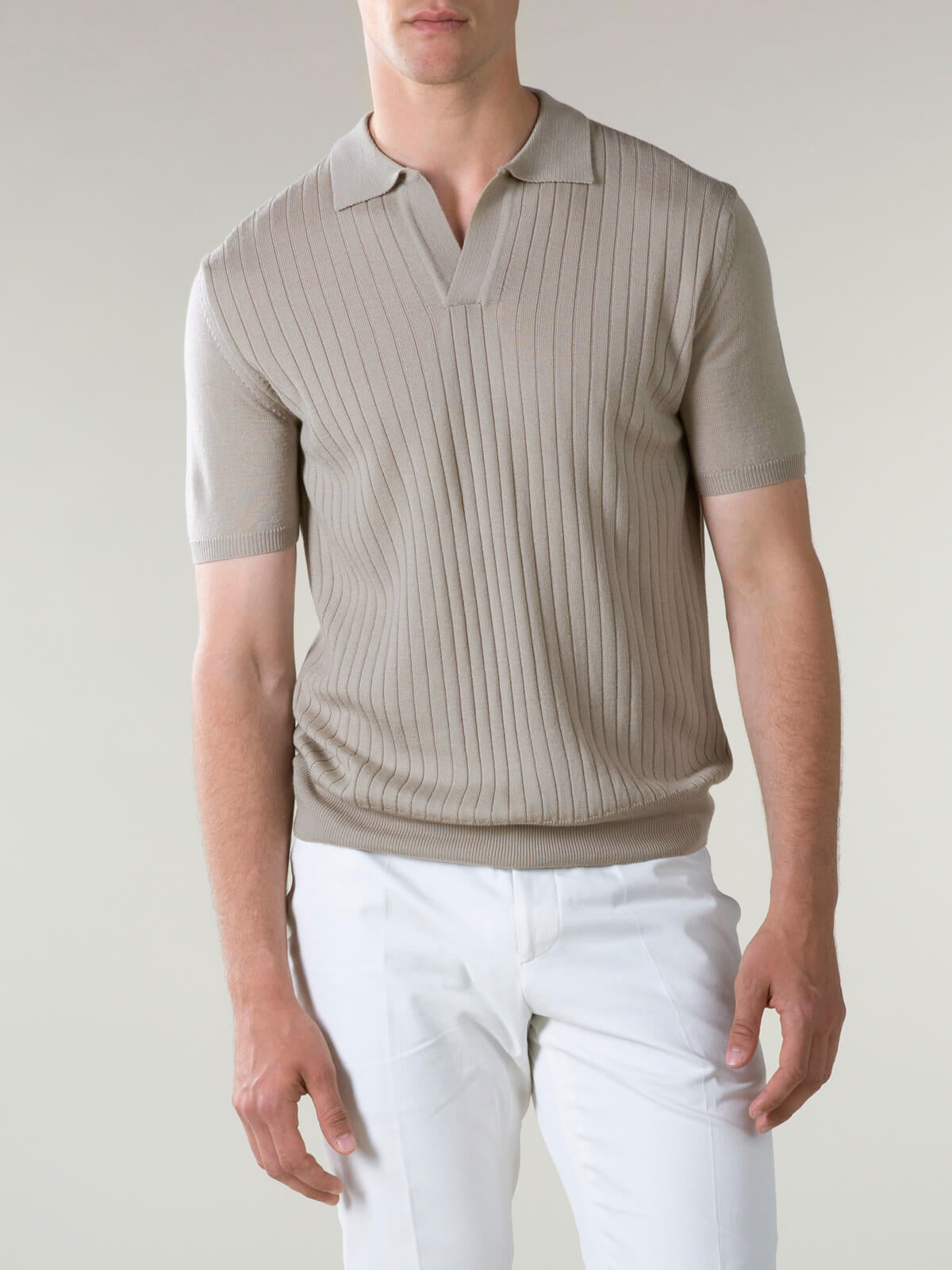 Aurélien | Cashwool Shortsleeve Buttonless Ribbed Polo Taupe