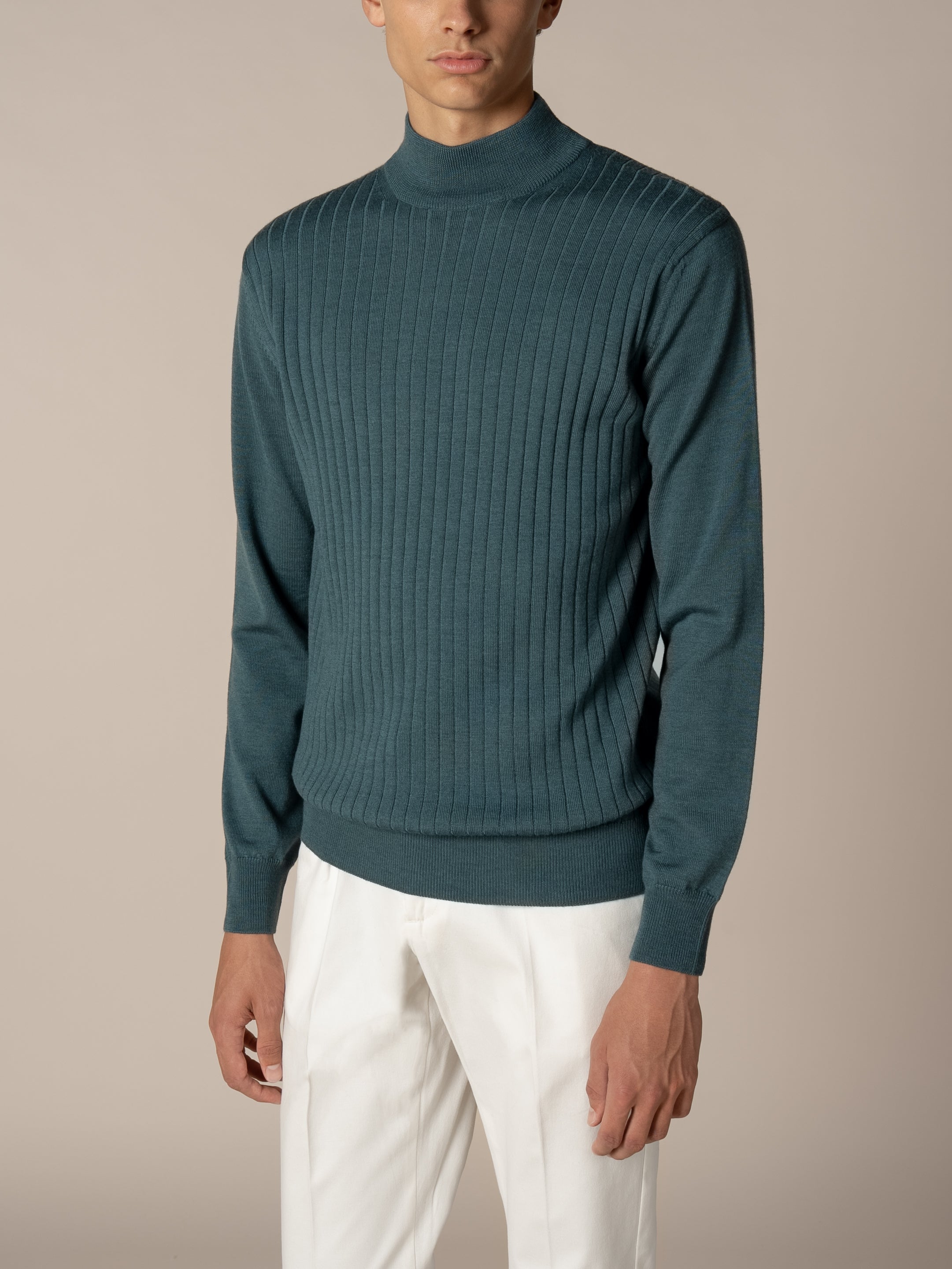 Extrafine Merino Mockneck Ribbed Dark Aquamarine