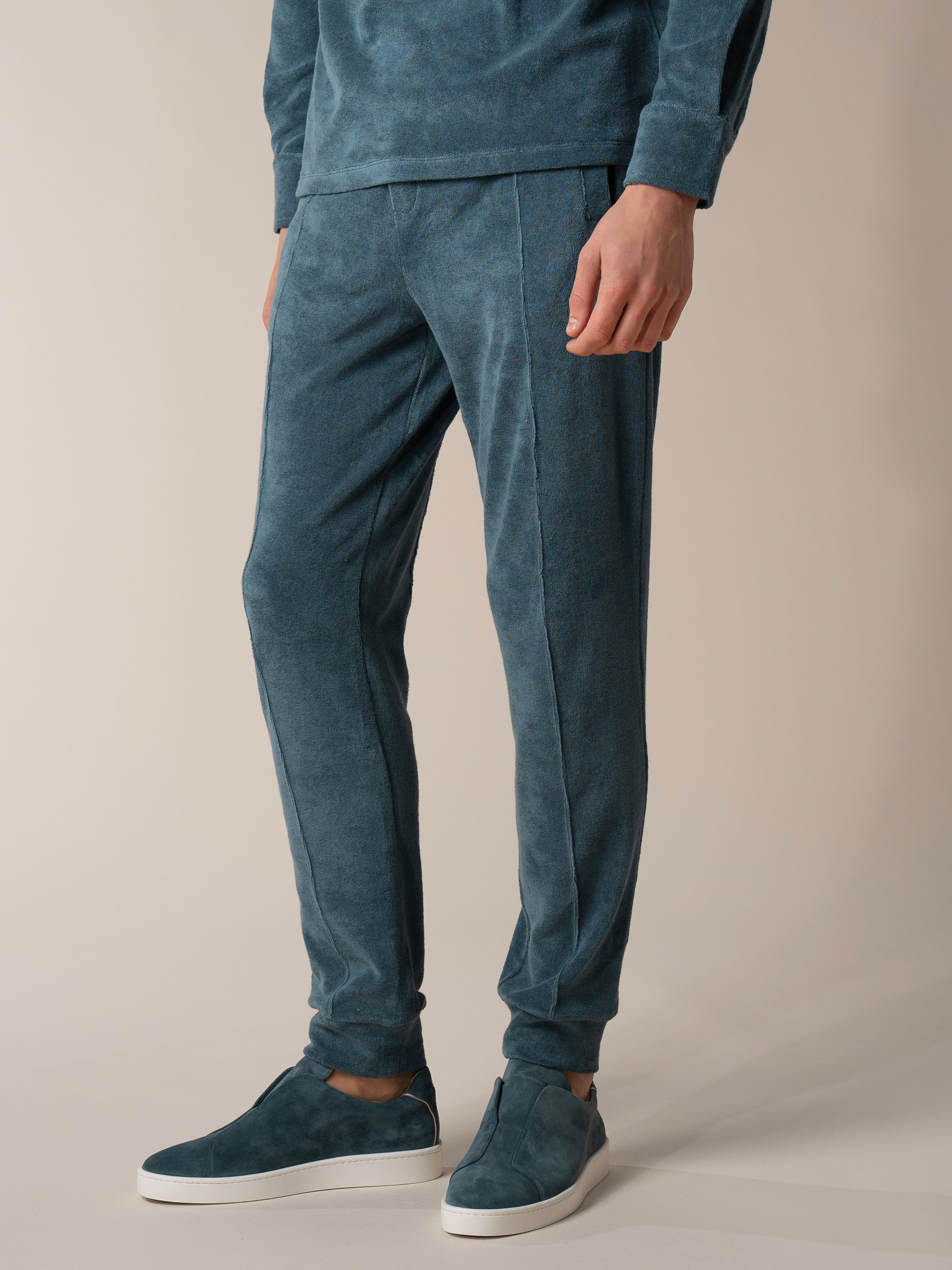 Aurélien | Sea Green Terry Towelling Trousers Sweatpants