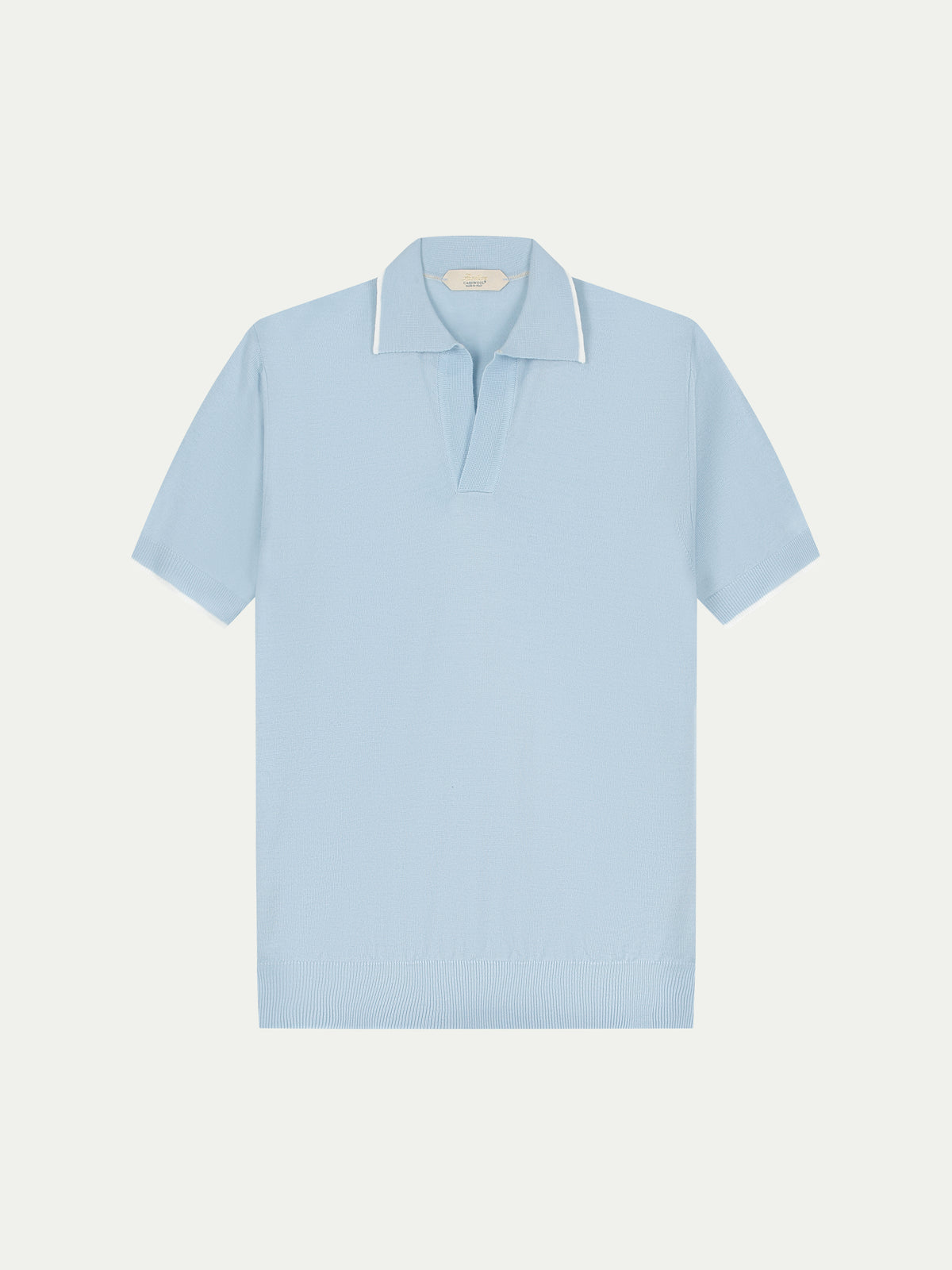 Light Blue Shortsleeve Buttonless Polo White Trim