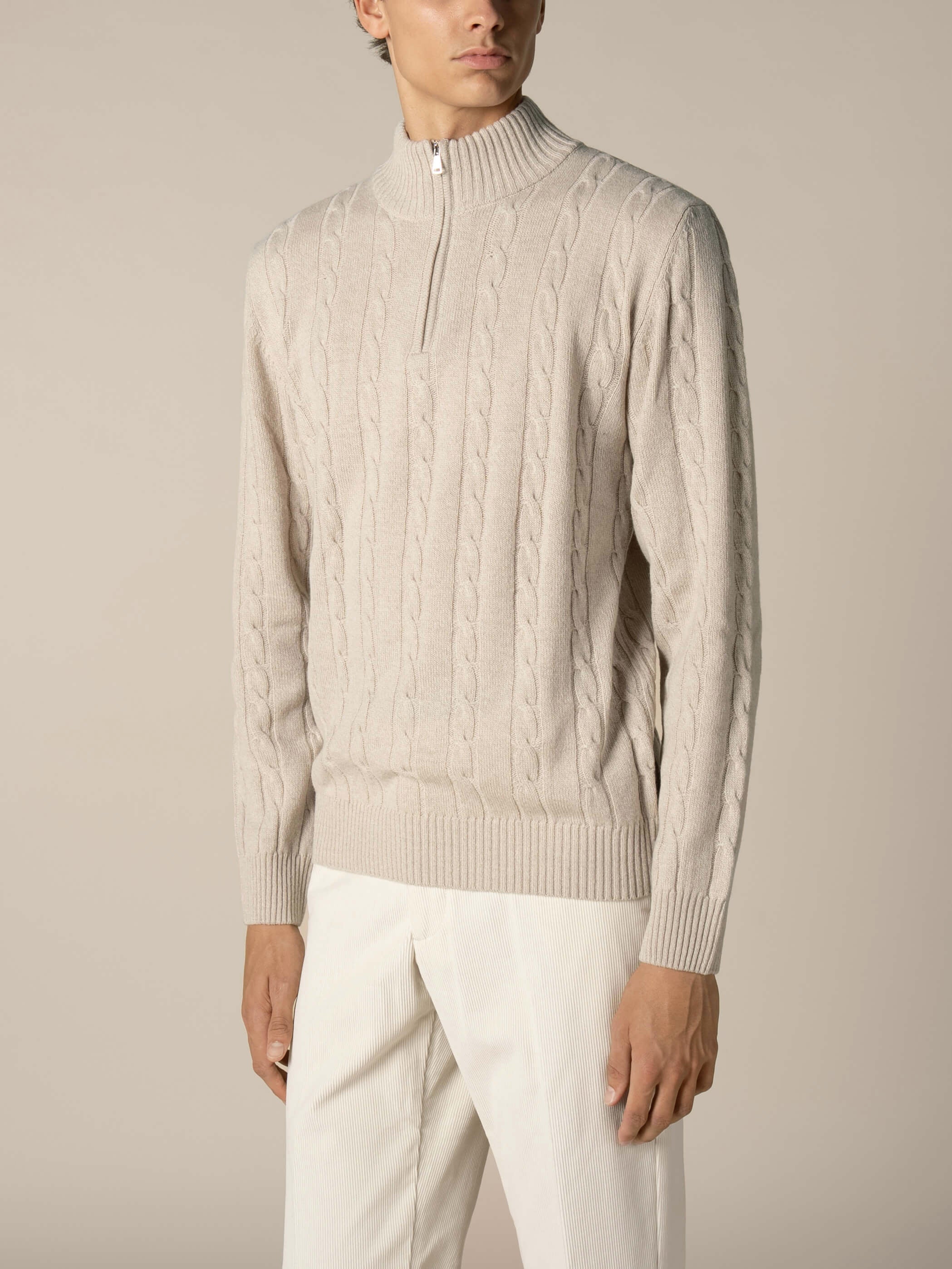 Zipper Cable Sweater Light Beige