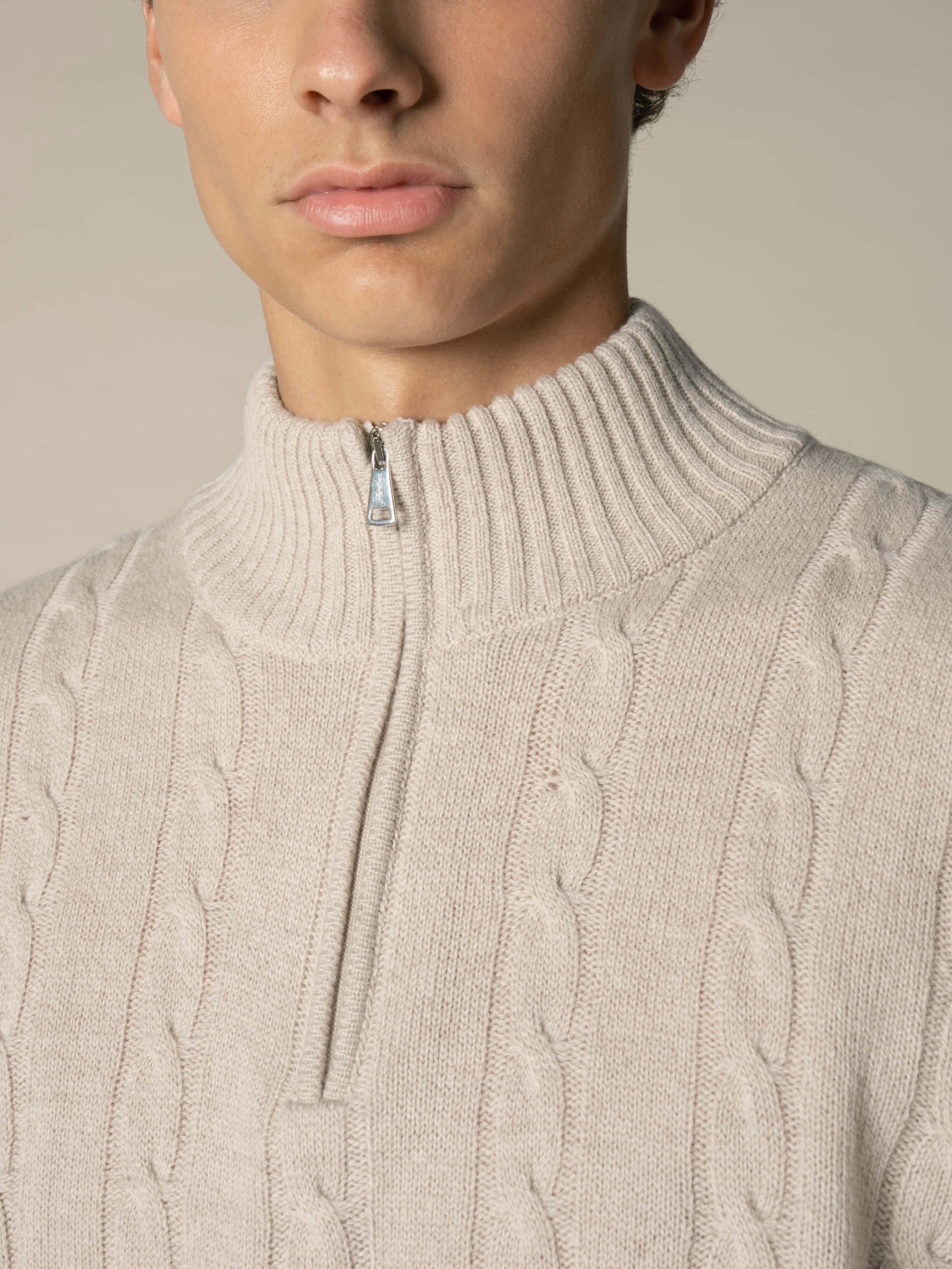 Zipper Cable Sweater Light Beige