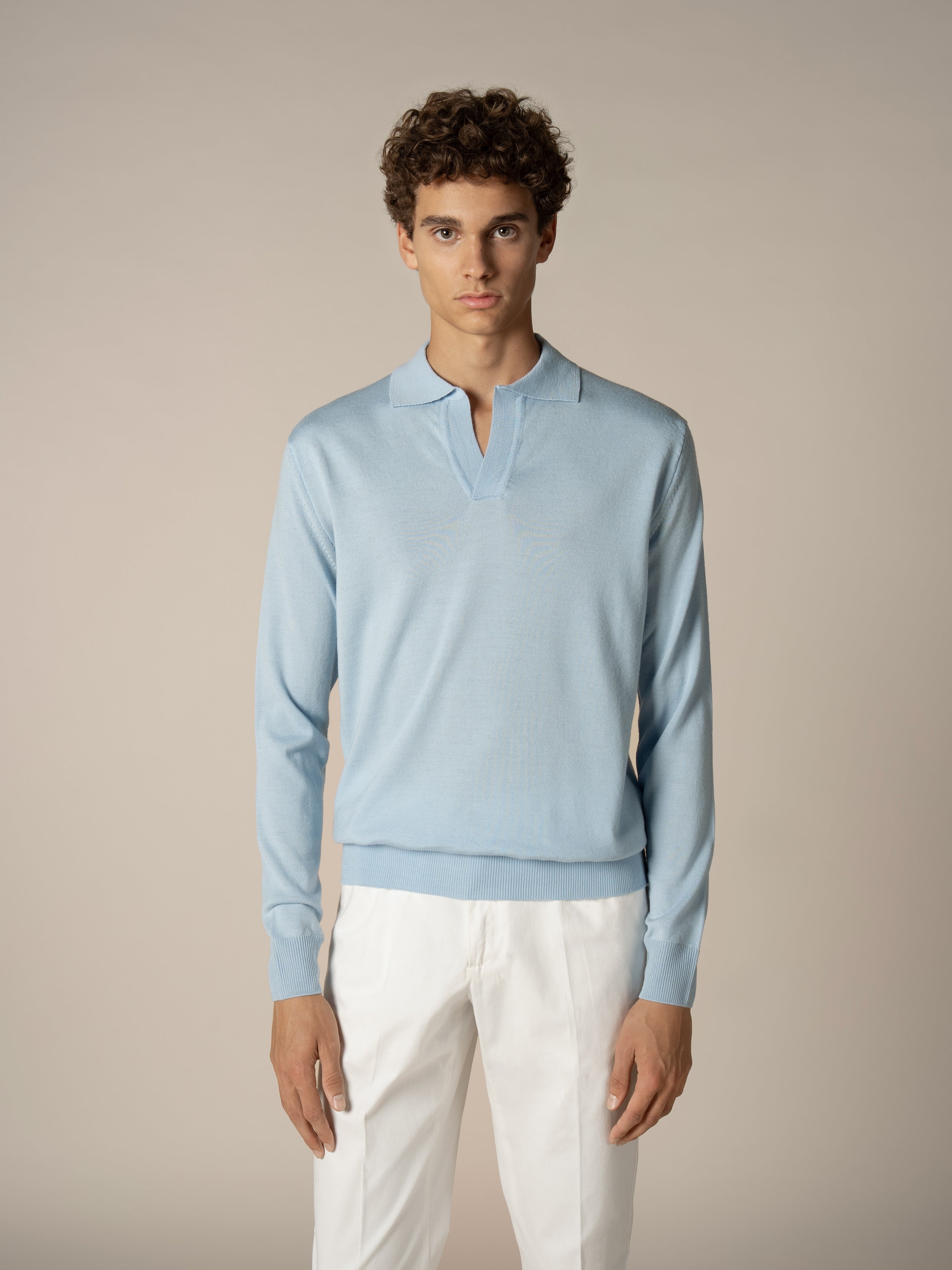Aurélien | Cashwool Polo Shirt Buttonless Light Blue