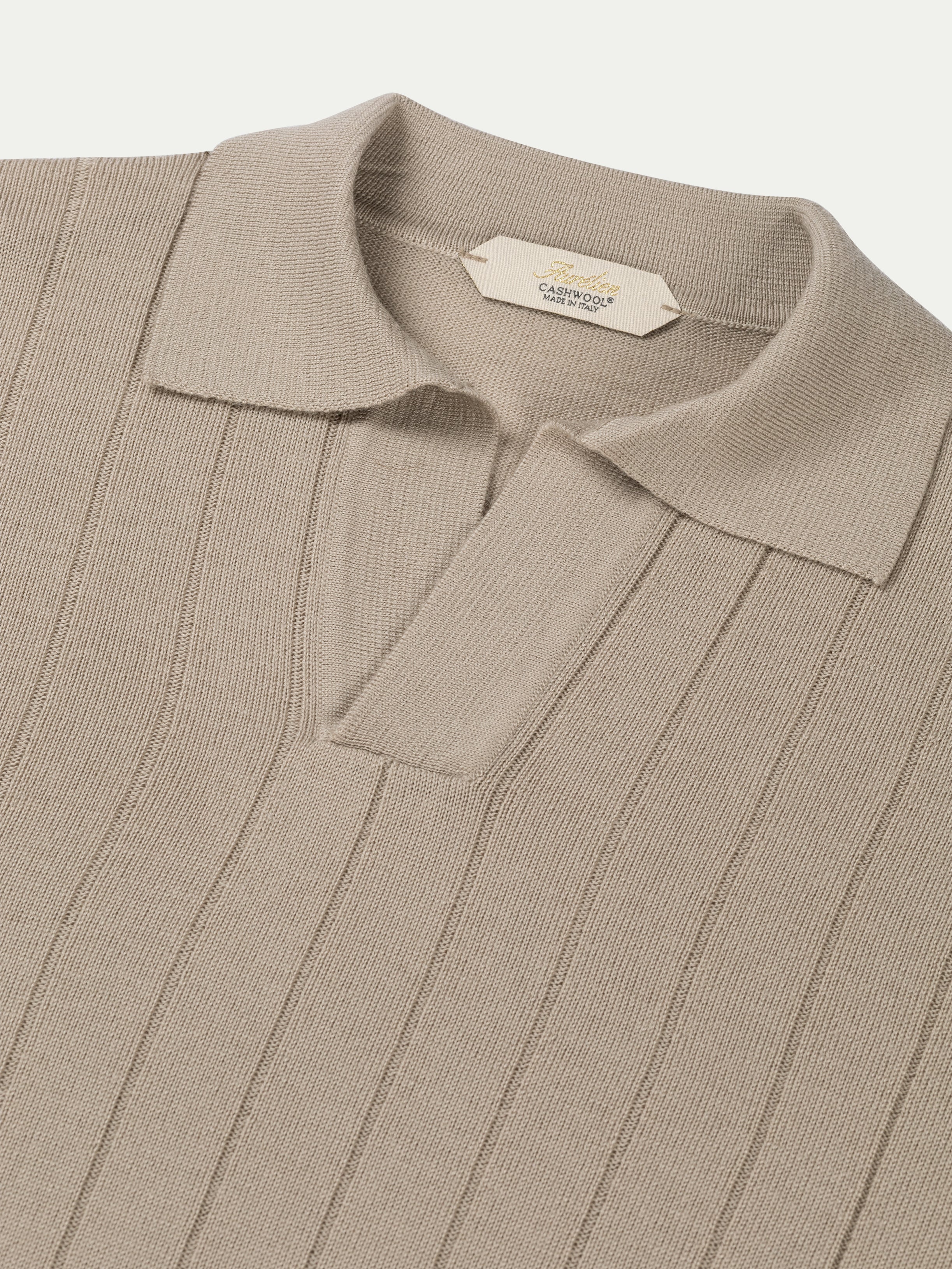 Greige Extrafine Merino Ribbed Buttonless Polo