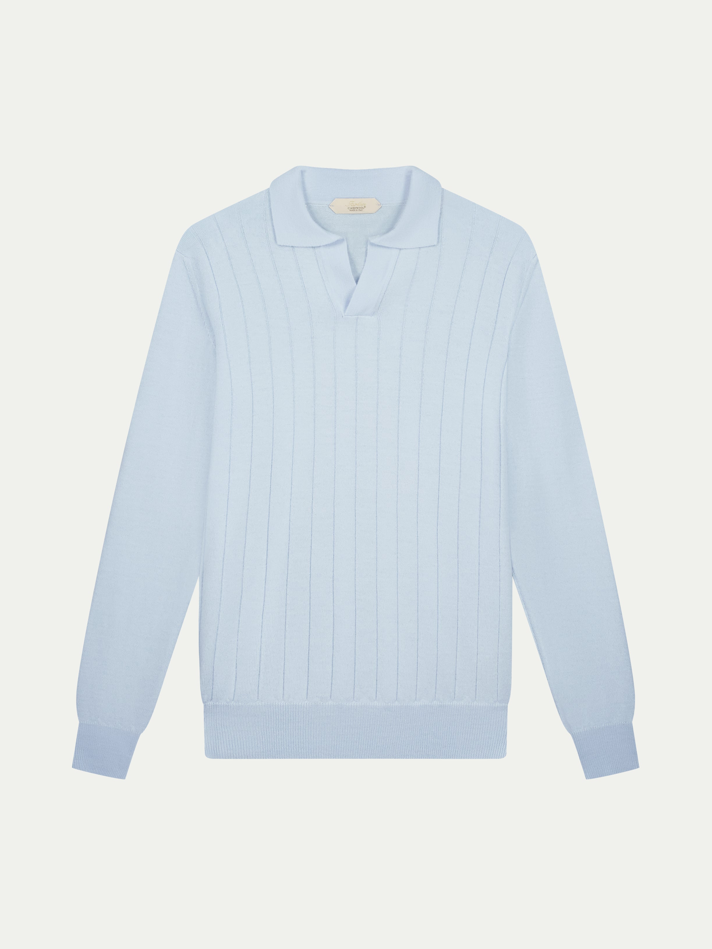 Light Blue Extrafine Merino Ribbed Buttonless Polo