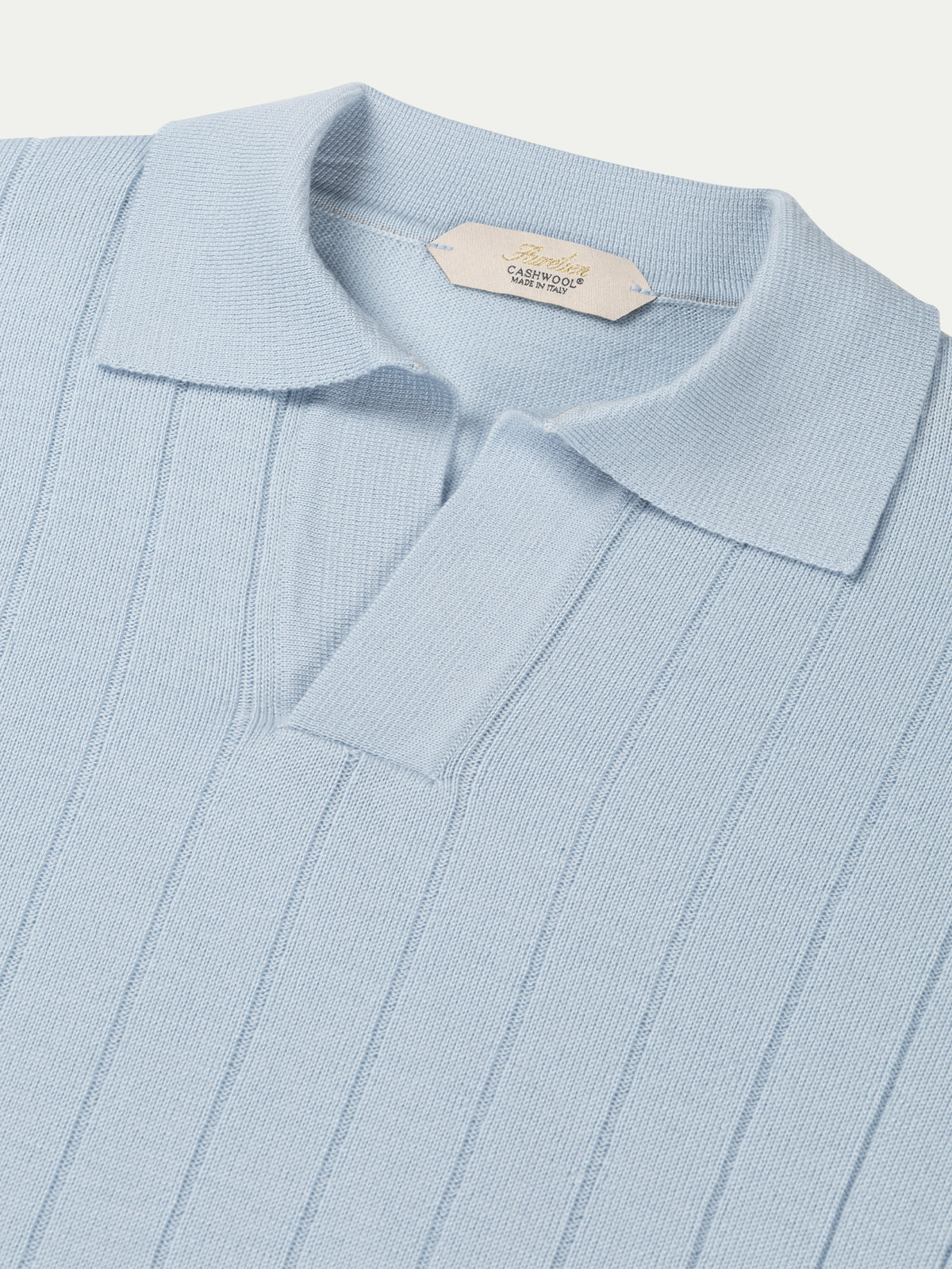 Light Blue Extrafine Merino Ribbed Buttonless Polo