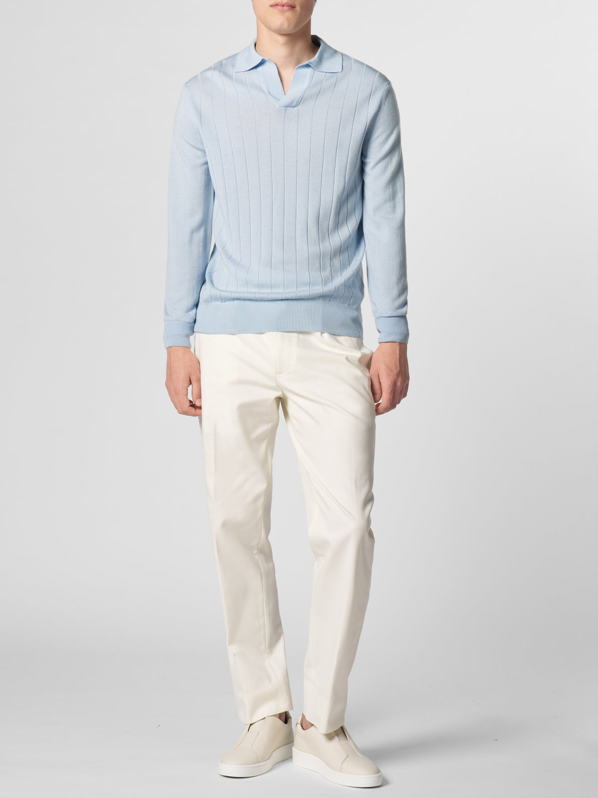 Light Blue Extrafine Merino Ribbed Buttonless Polo