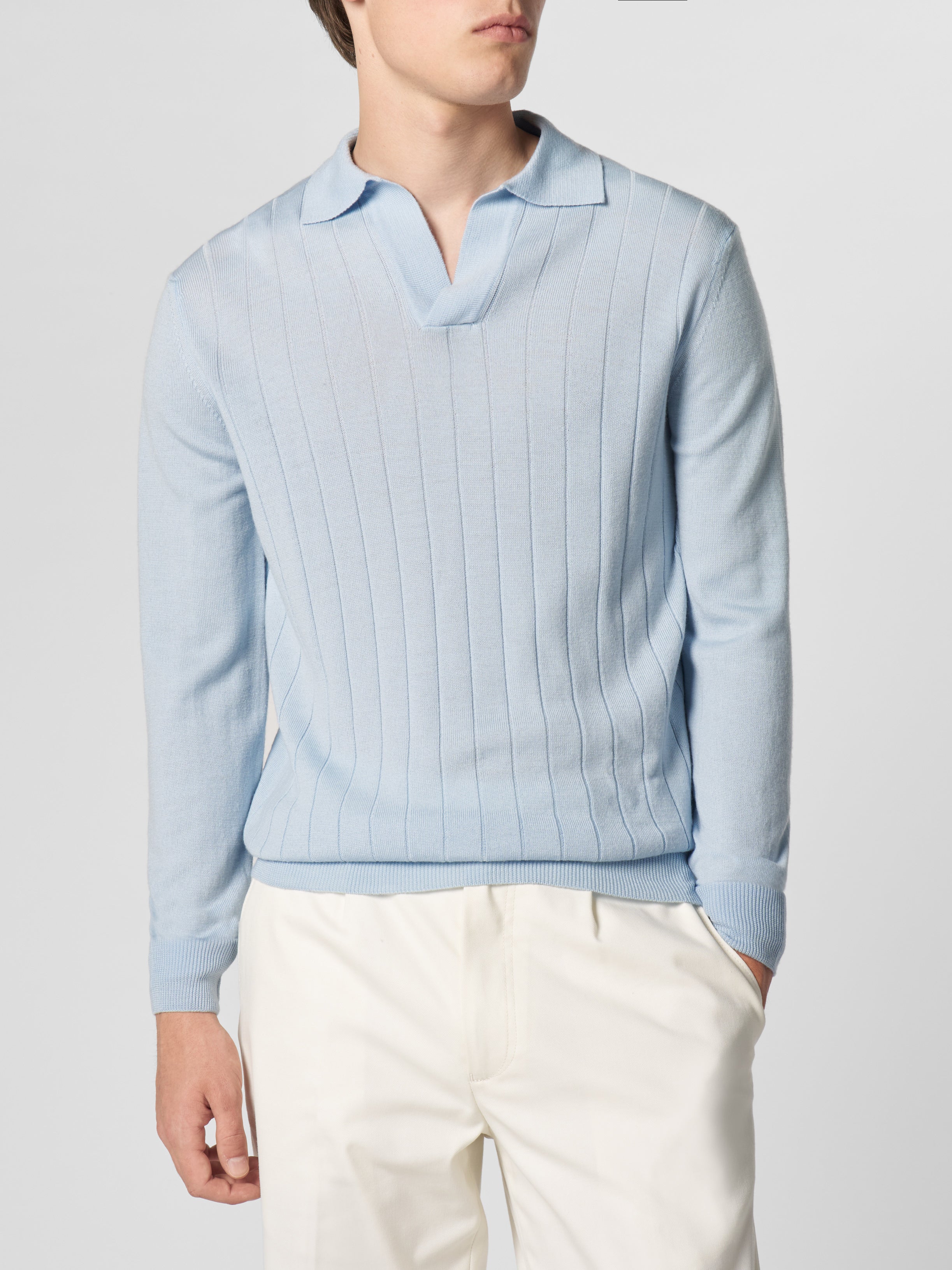 Light Blue Extrafine Merino Ribbed Buttonless Polo