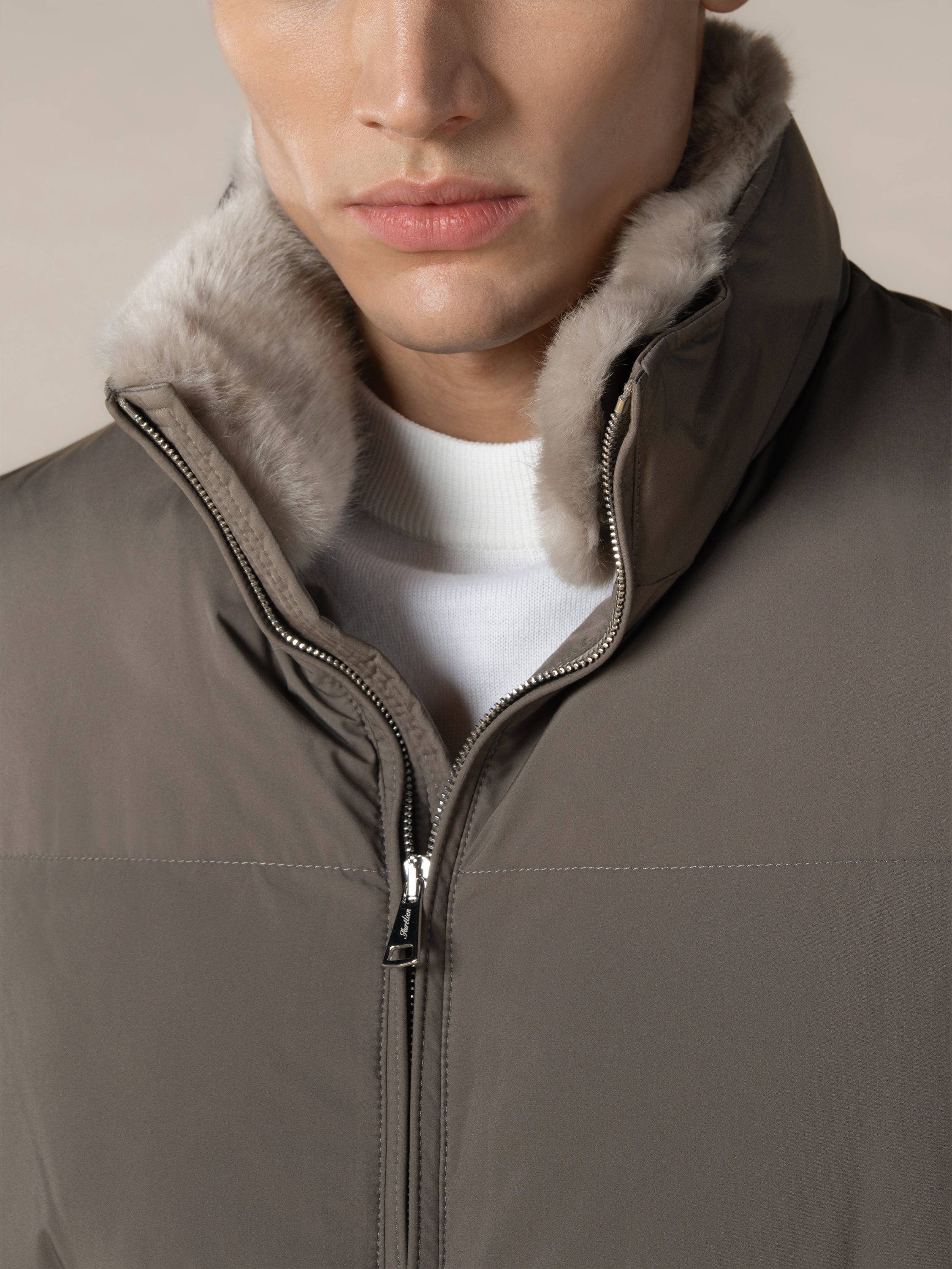 Aurélien | Ash Grey Technical Puffer Jacket with fur collar.