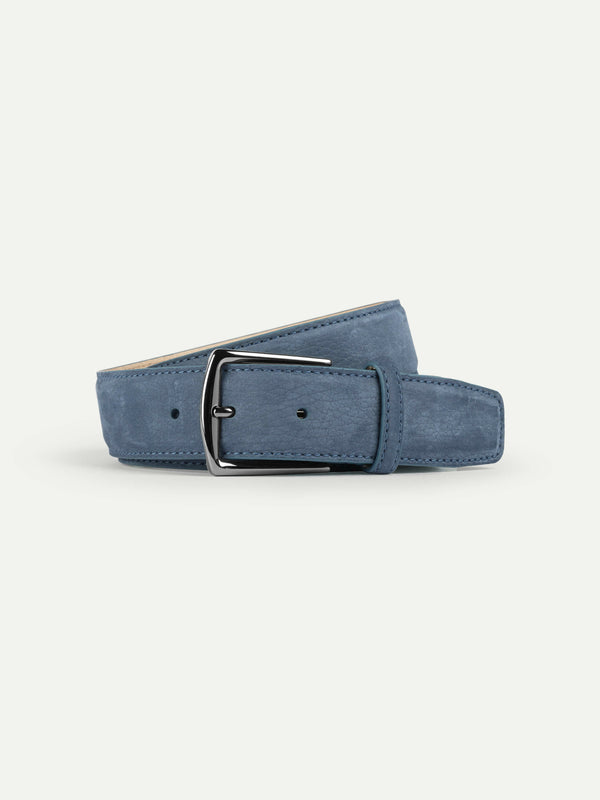 AM Made In Italy Silver Tone Belt Buckle 3” Blue Leather Belt‎ USA Size L 37” Steel Blue Nubuck Leather Belt | Luca Faloni main image 4