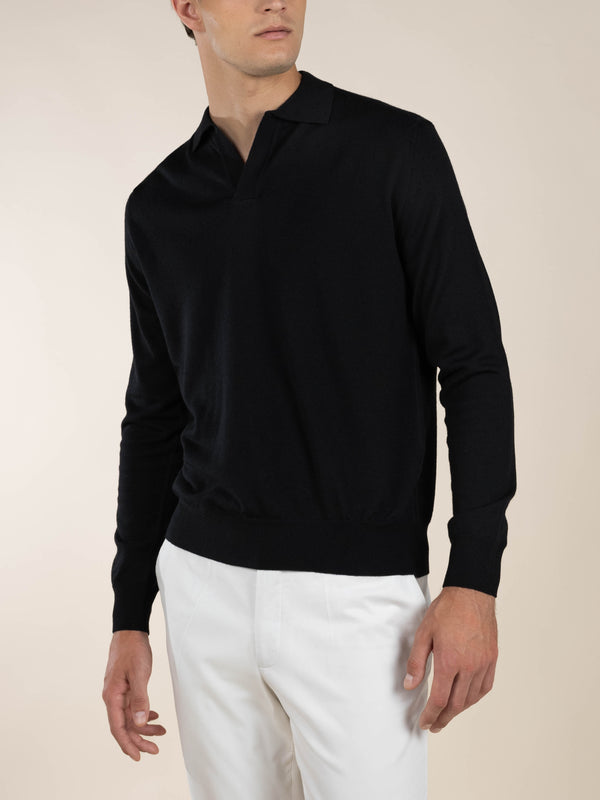 Extrafine Merino Buttonless Polo Black