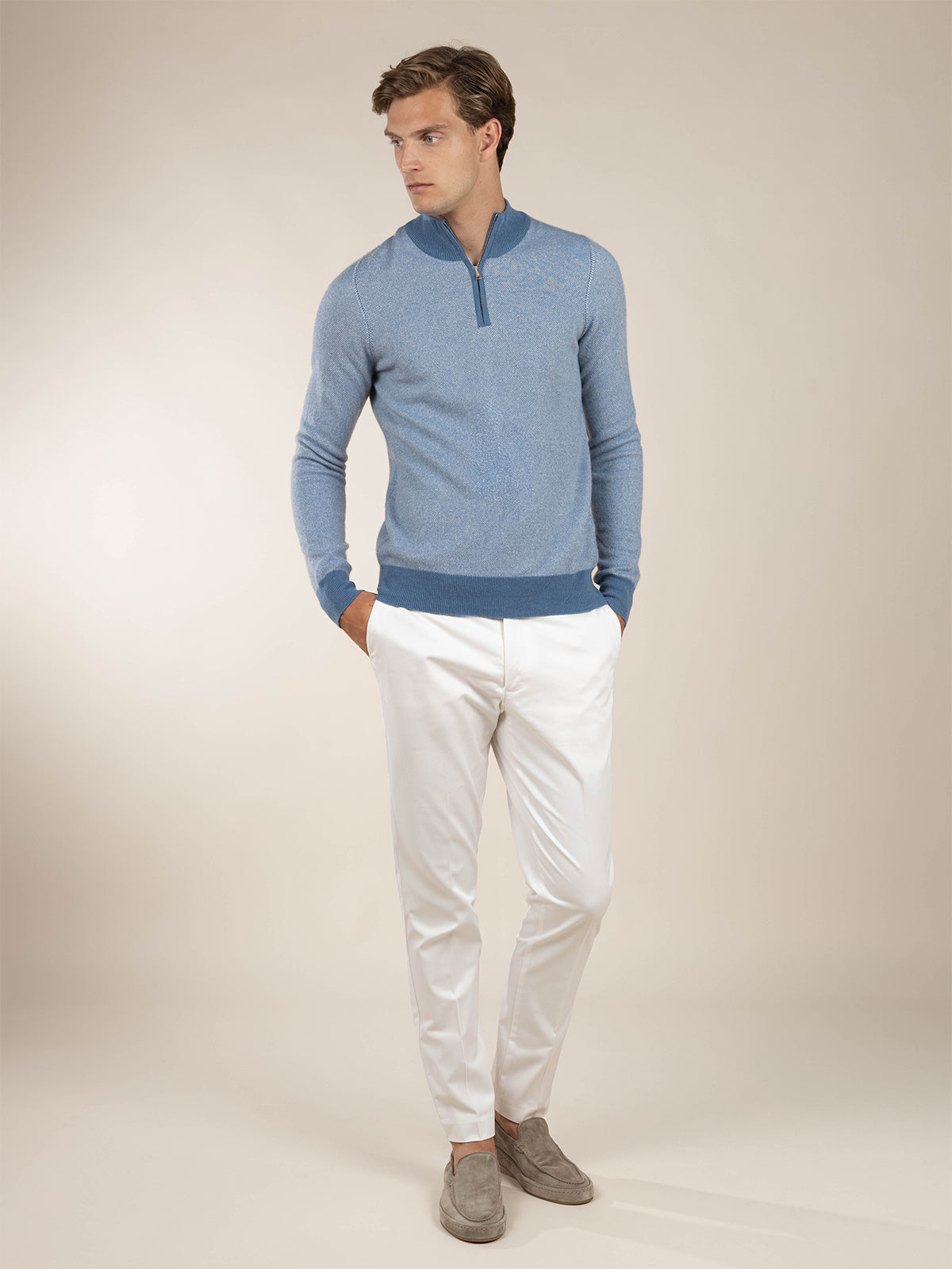 Steel Blue Jacquard Zipper Sweater