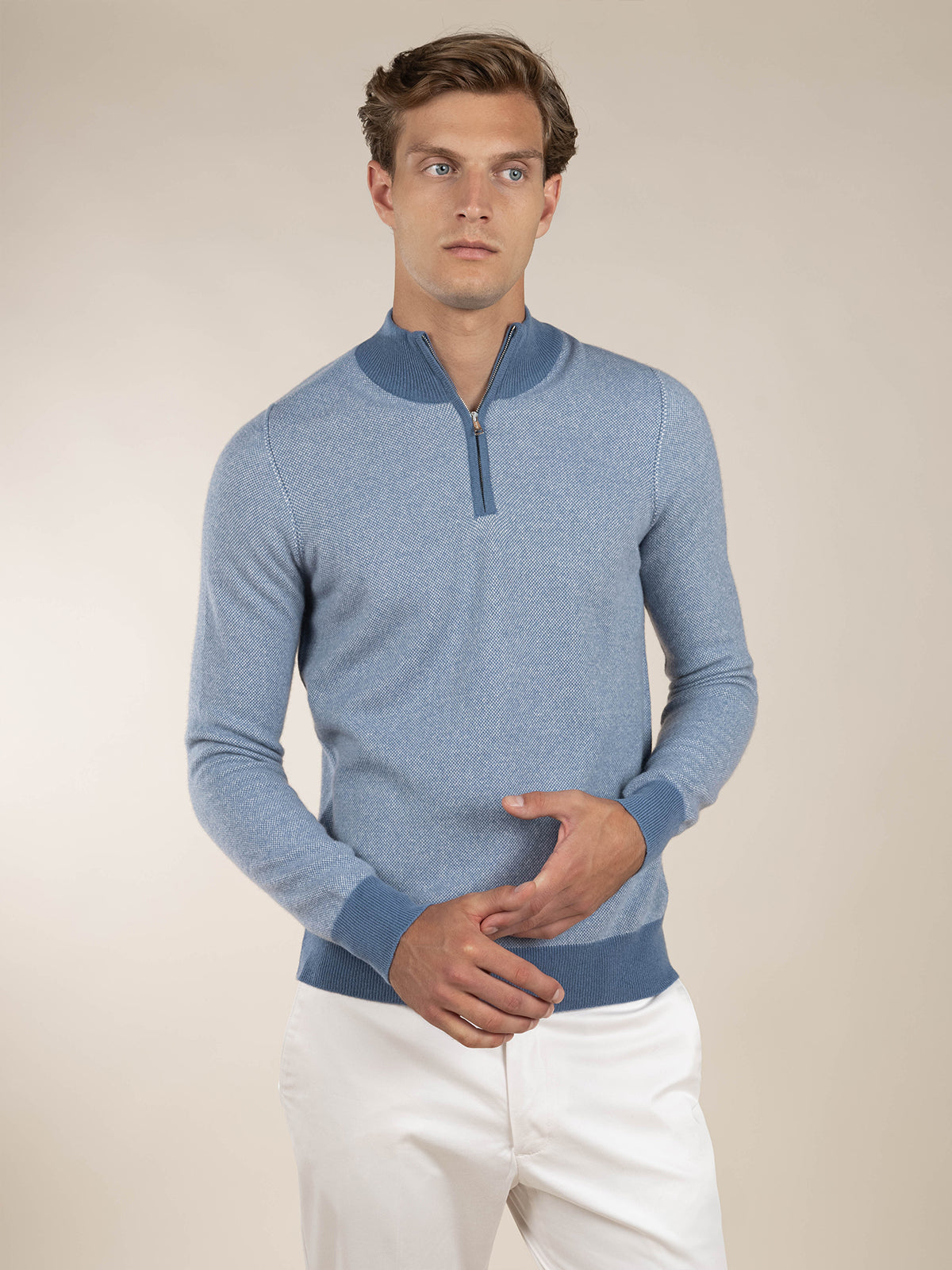 Steel Blue Jacquard Zipper Sweater