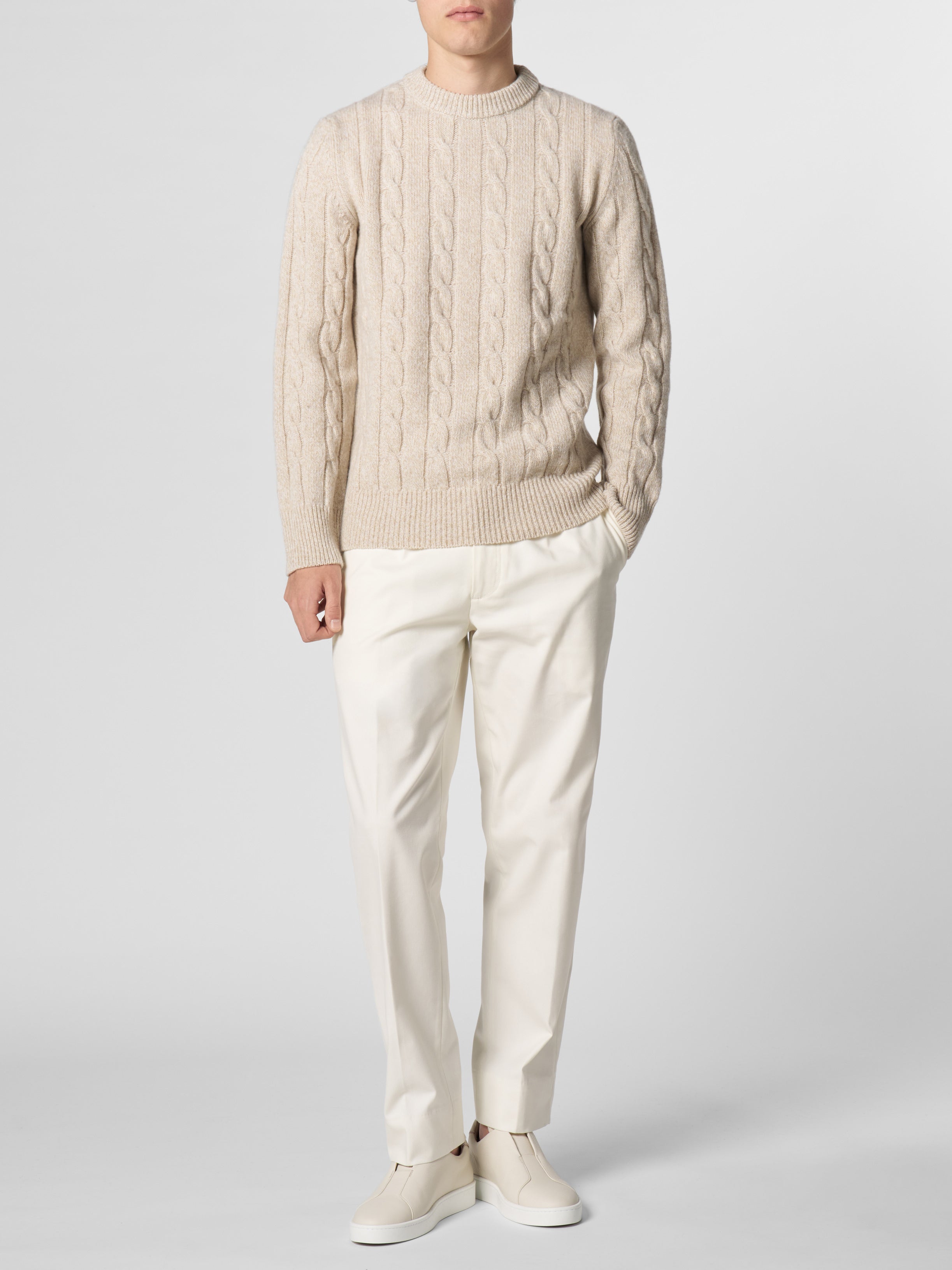 Beige Mouline Cable Knit Crewneck