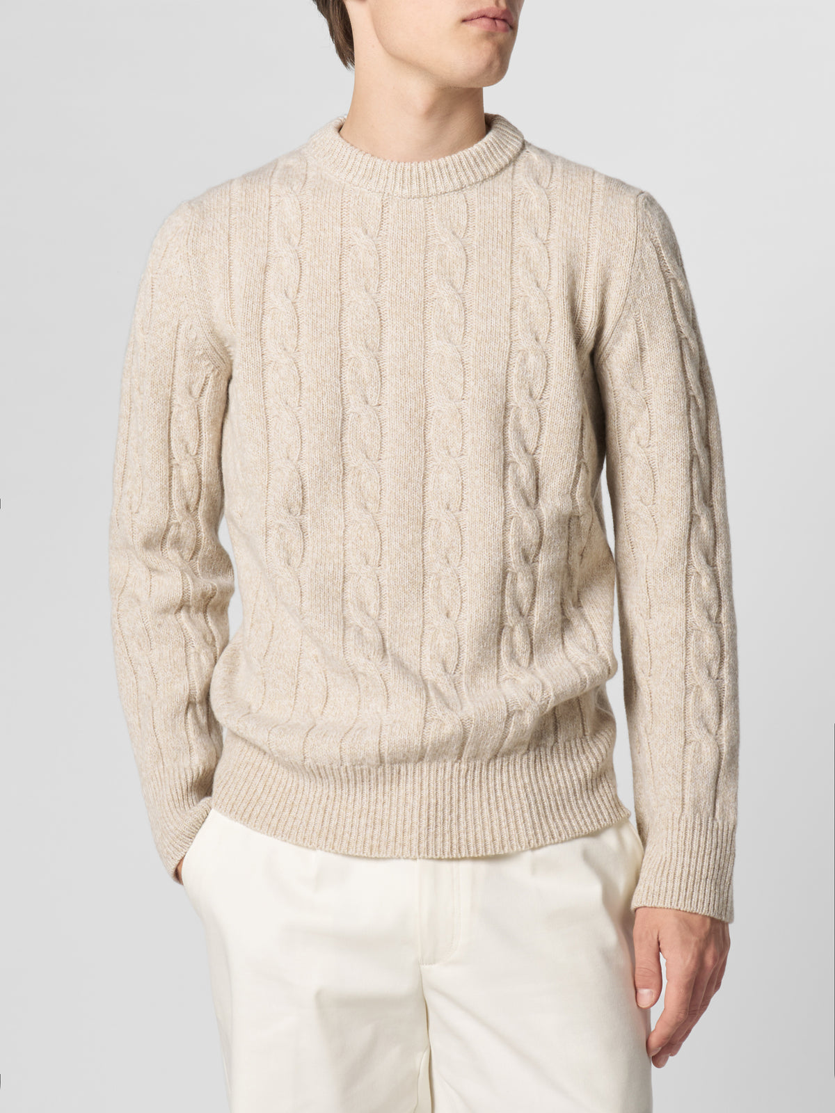 Beige Mouline Cable Knit Crewneck