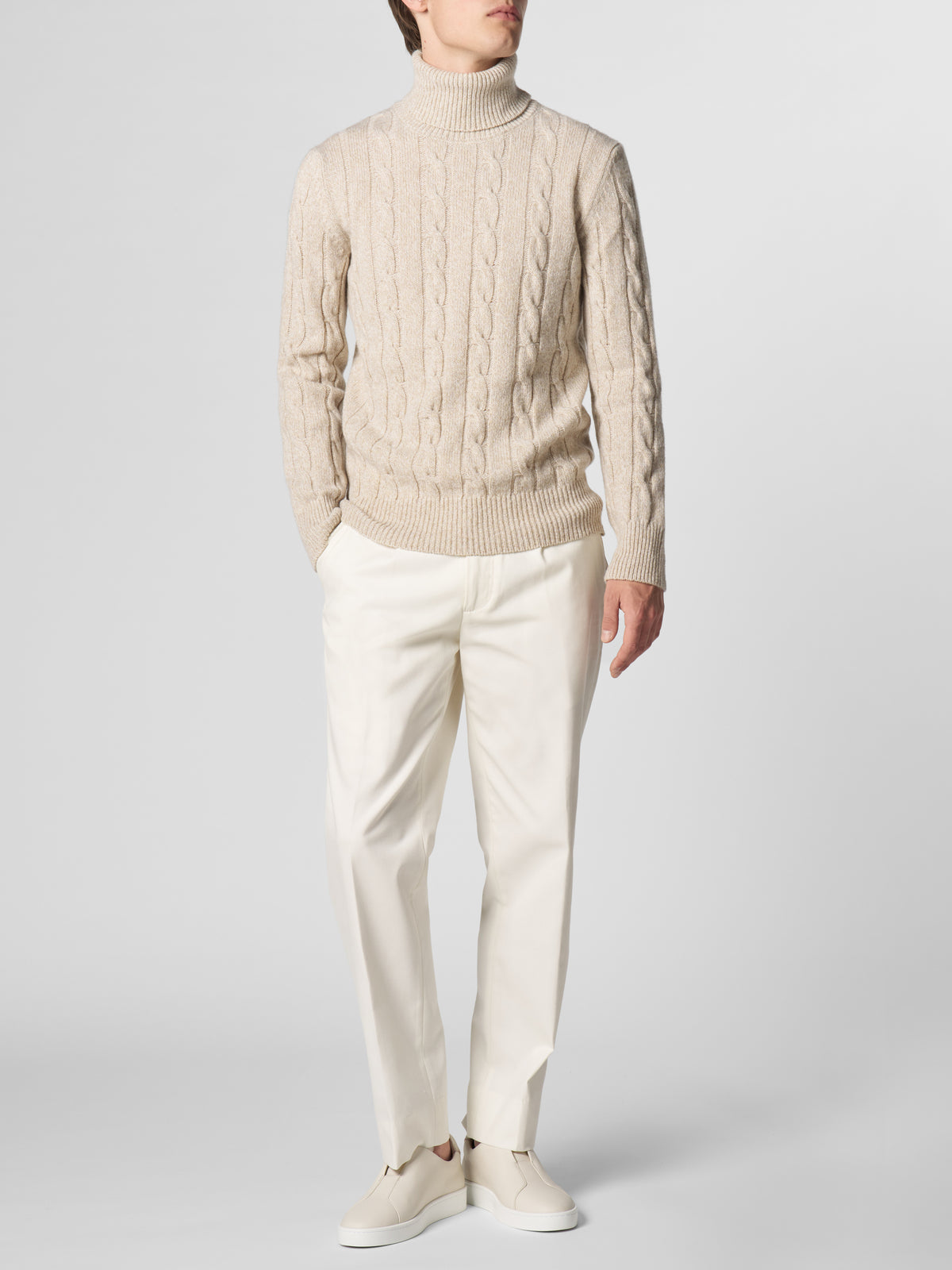 Beige Mouline Dolcevita Cable Knit Sweater