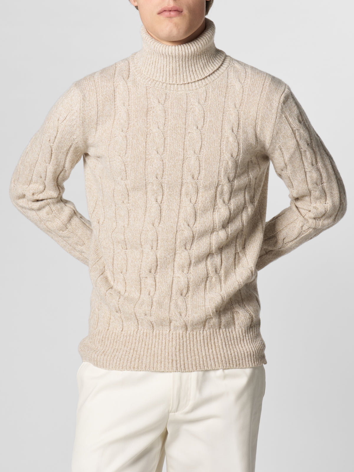Beige Mouline Dolcevita Cable Knit Sweater