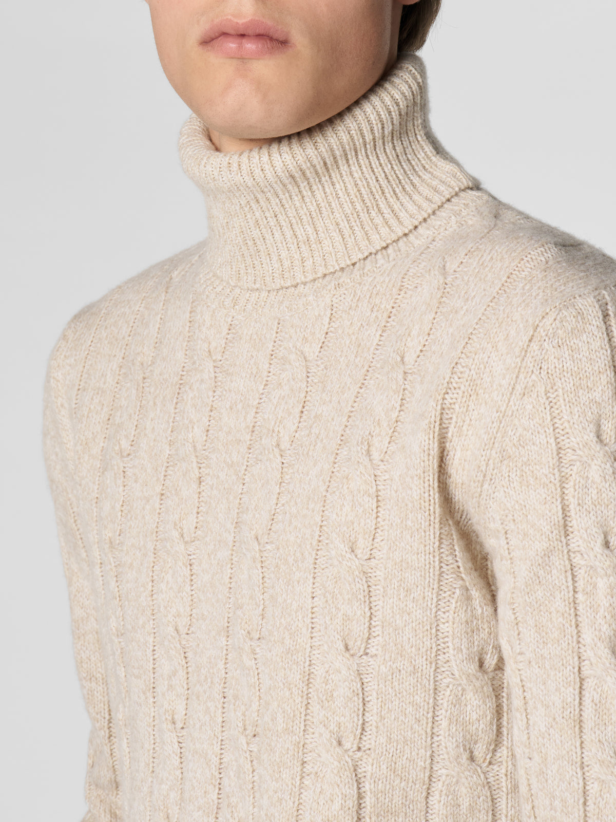 Beige Mouline Dolcevita Cable Knit Sweater