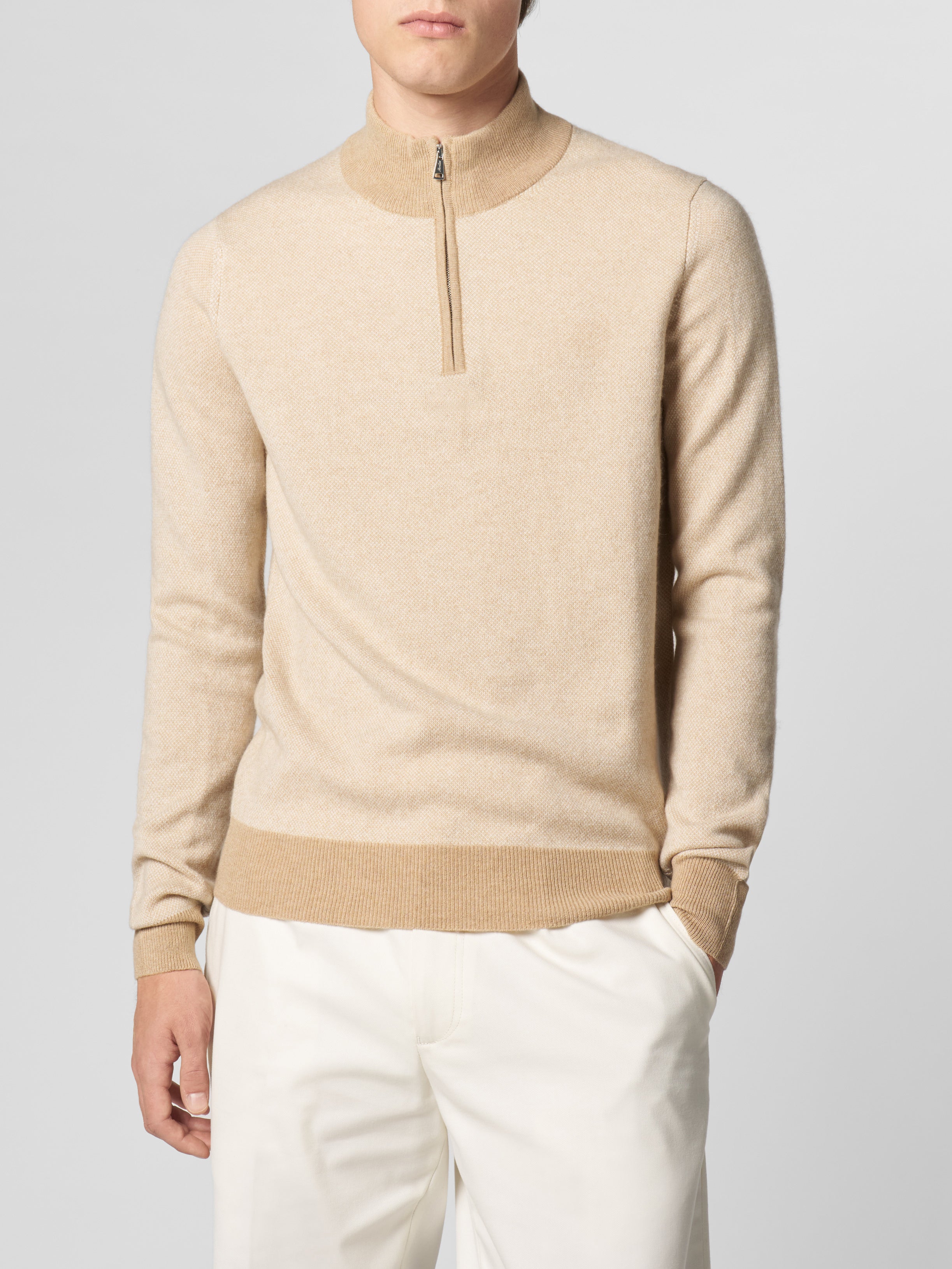 Beige Jaquard Zipper Sweater