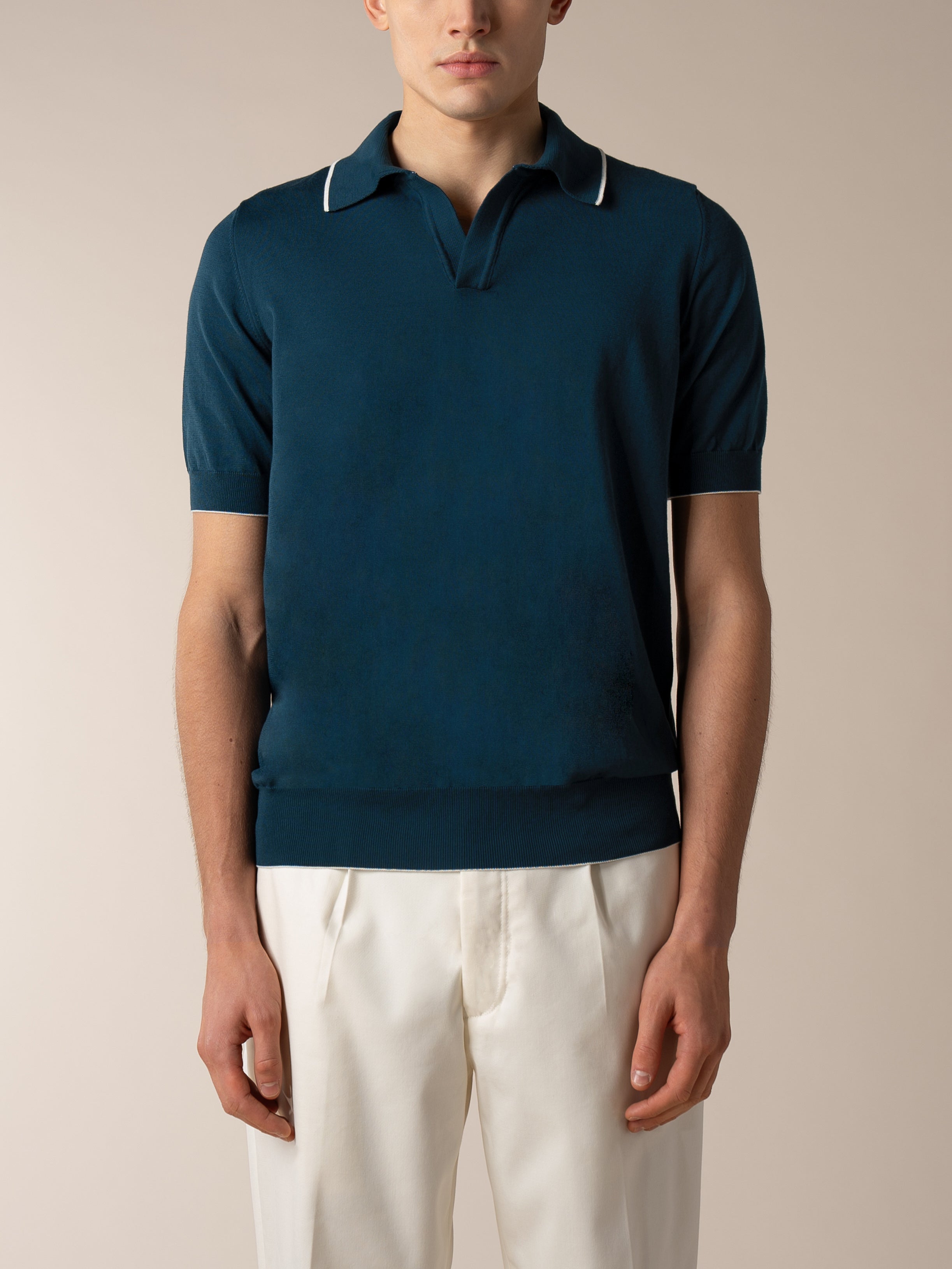 Aurélien | Knitted Cotton Shortsleeve Buttonless Polo Sea Green