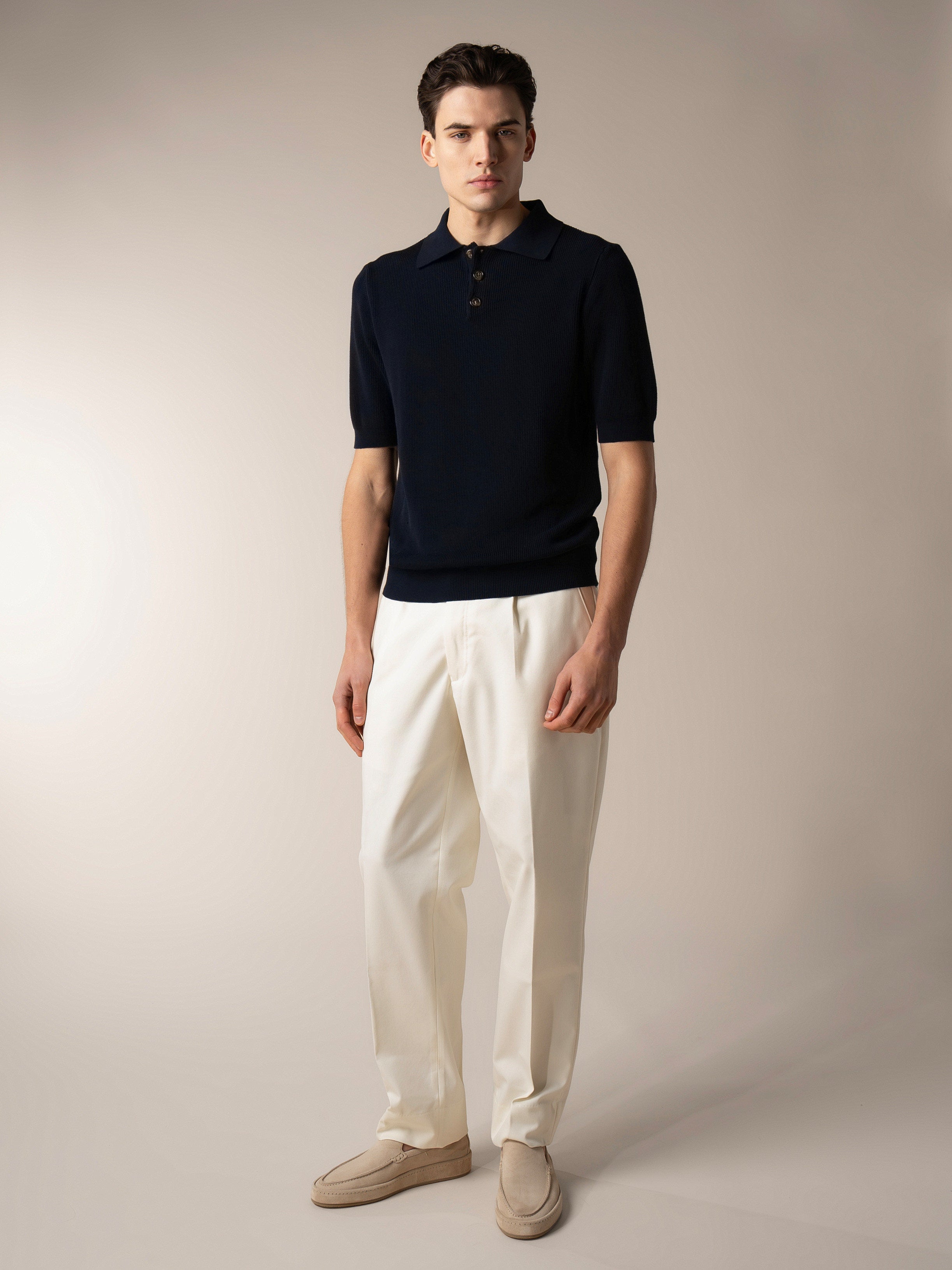 Shortsleeve Ribbed Knitted Polo Navy