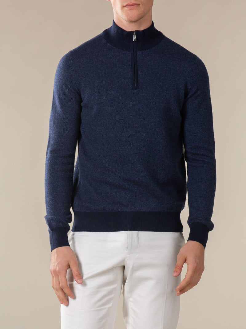 Navy Jacquard Zipper Sweater