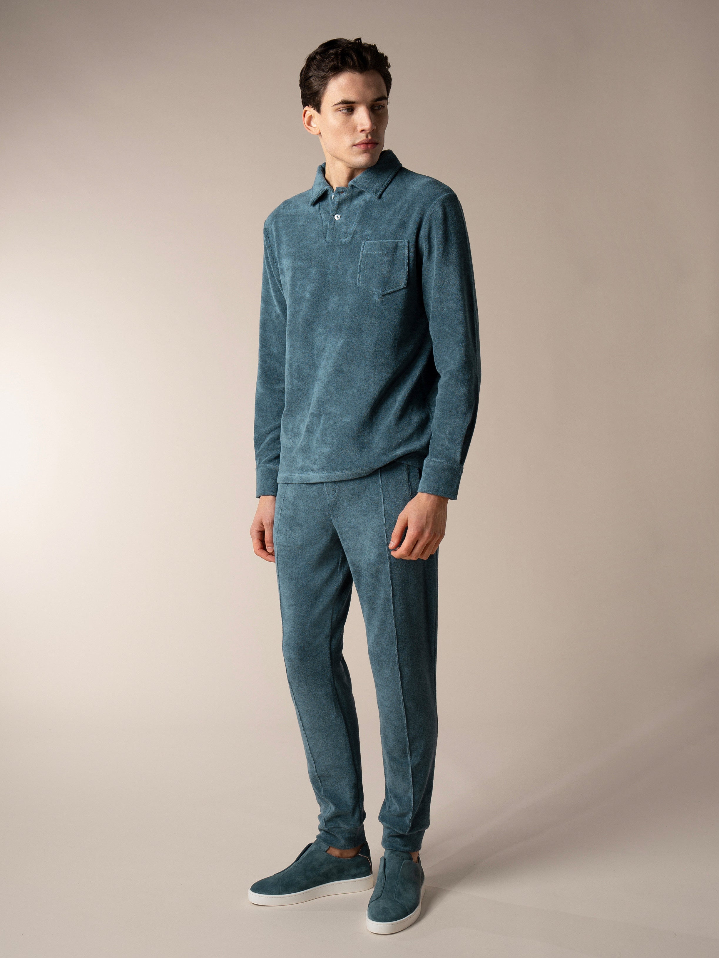 Aurélien | Sea Green Terry Towelling Polo Shirt Longsleeve