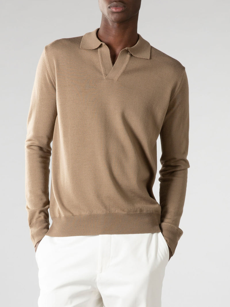 Extrafine Merino Buttonless Polo Taupe